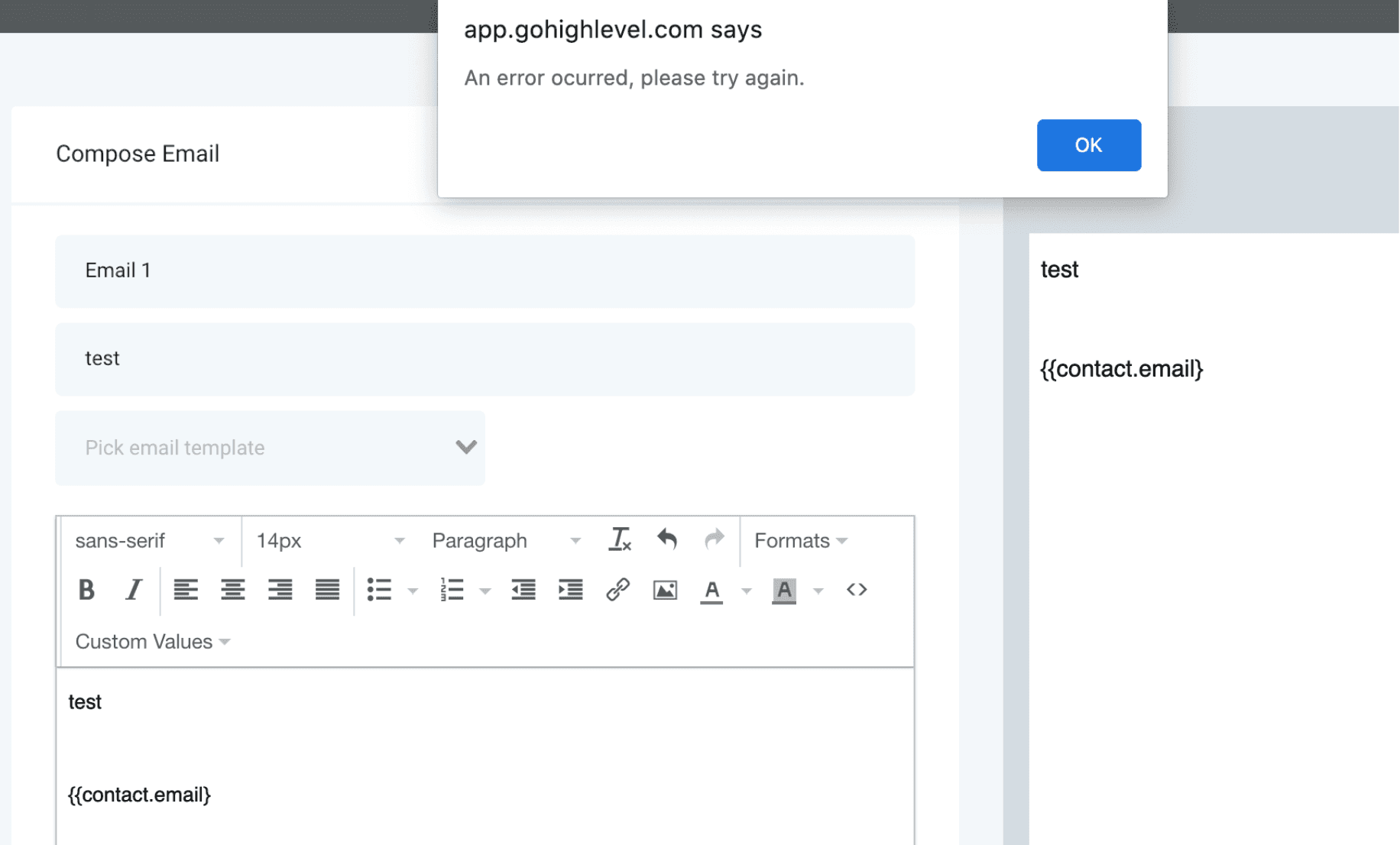 Messaggio di errore dell'azione Send Email