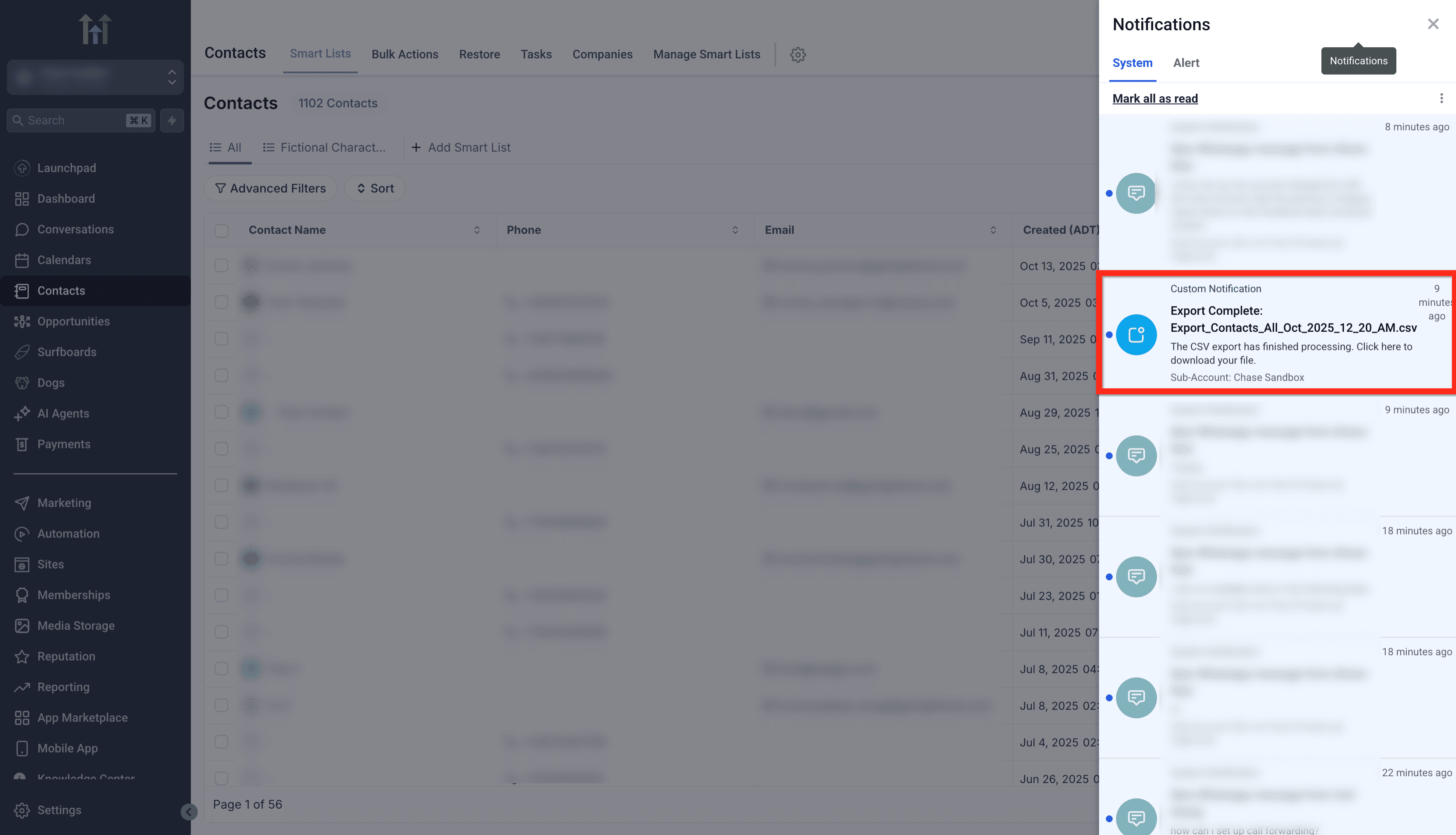 Schermata 9 — Contatti - Aggiornamento Esportazione CSV