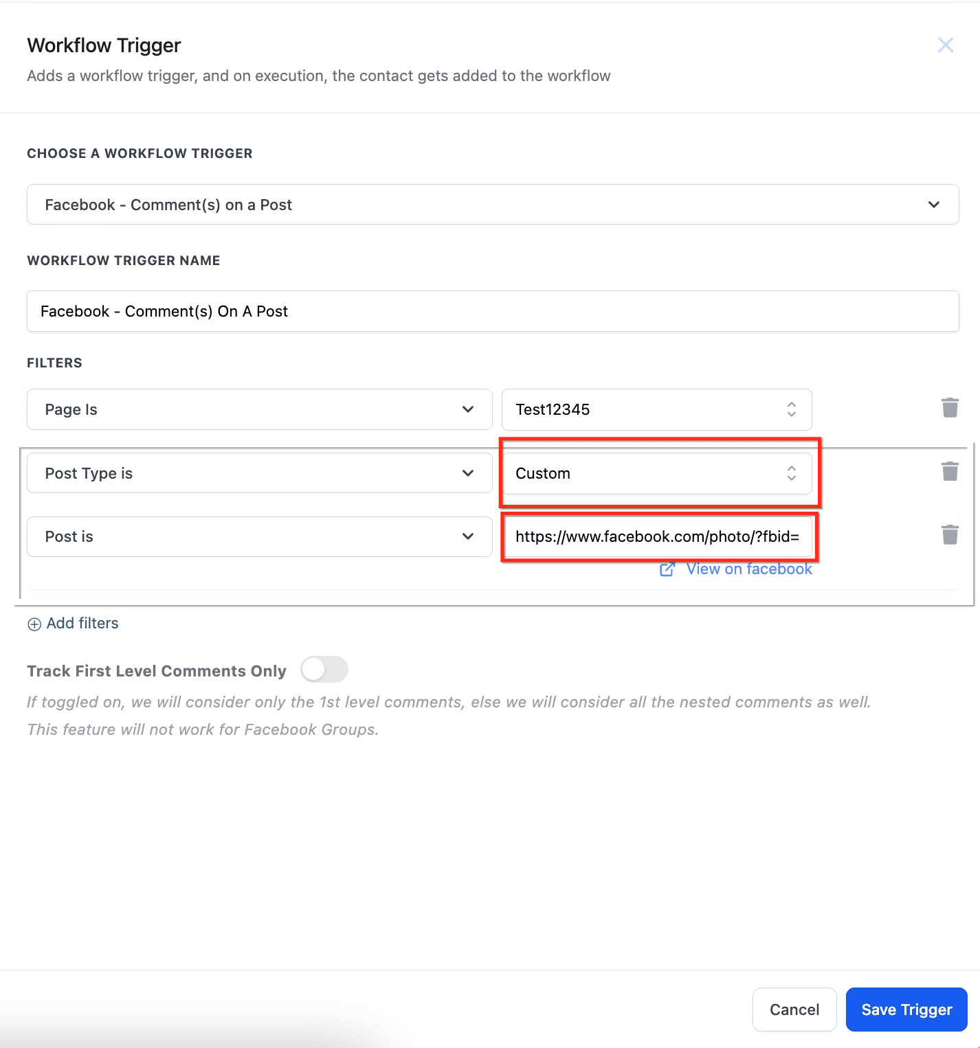 Schermata 8 — Workflow Trigger - Commento/i Facebook su un Post