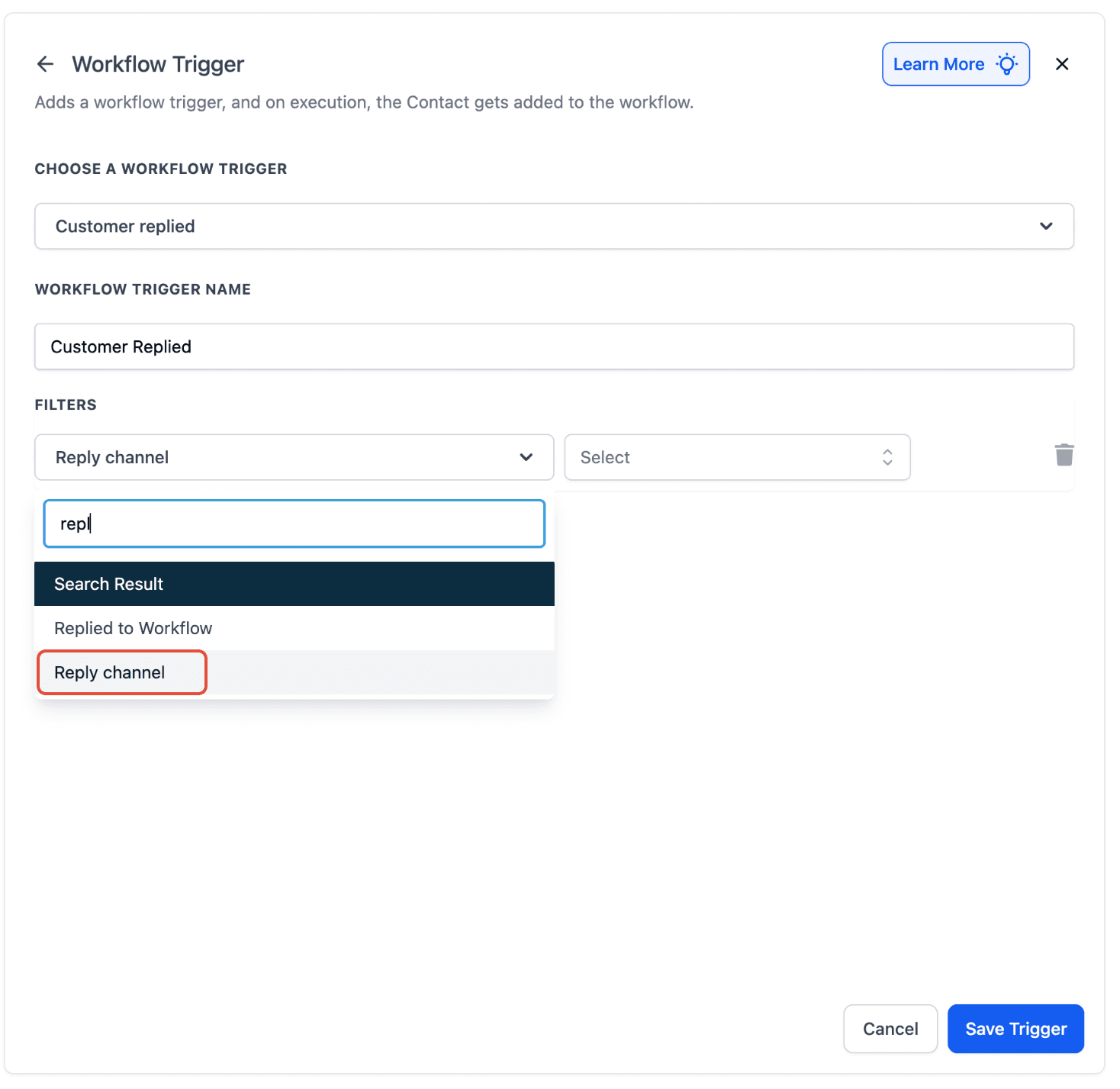 Opzione filtro Reply Channel selezionata