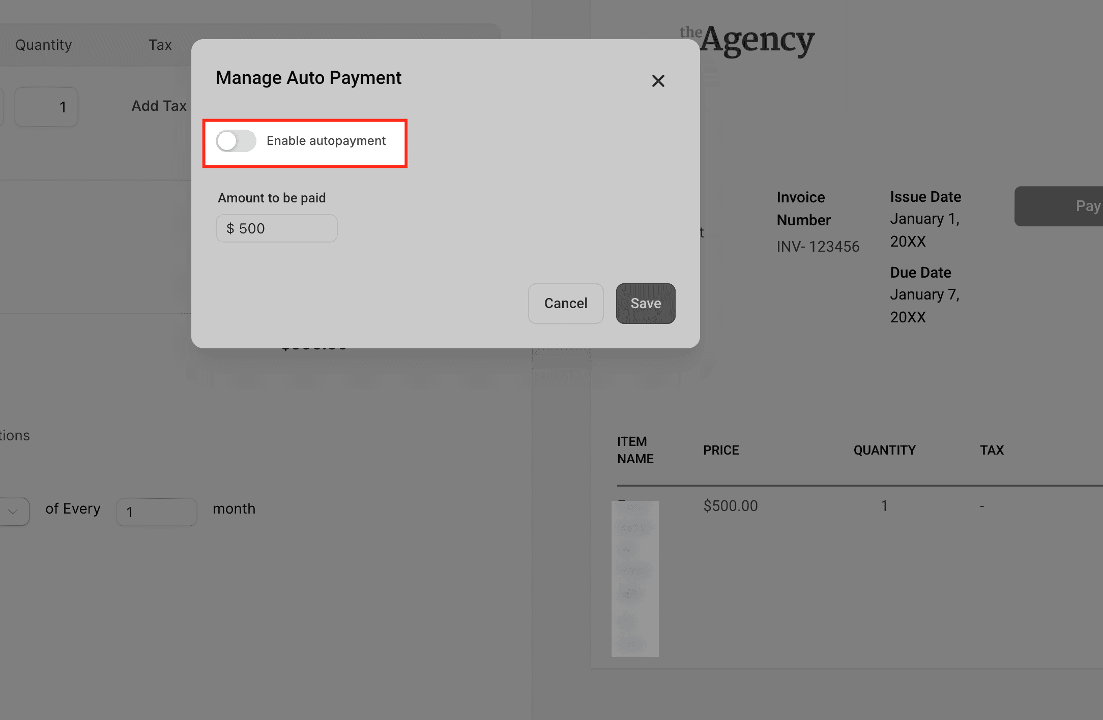 Schermata 5 — Pagamenti automatici nei template ricorrenti