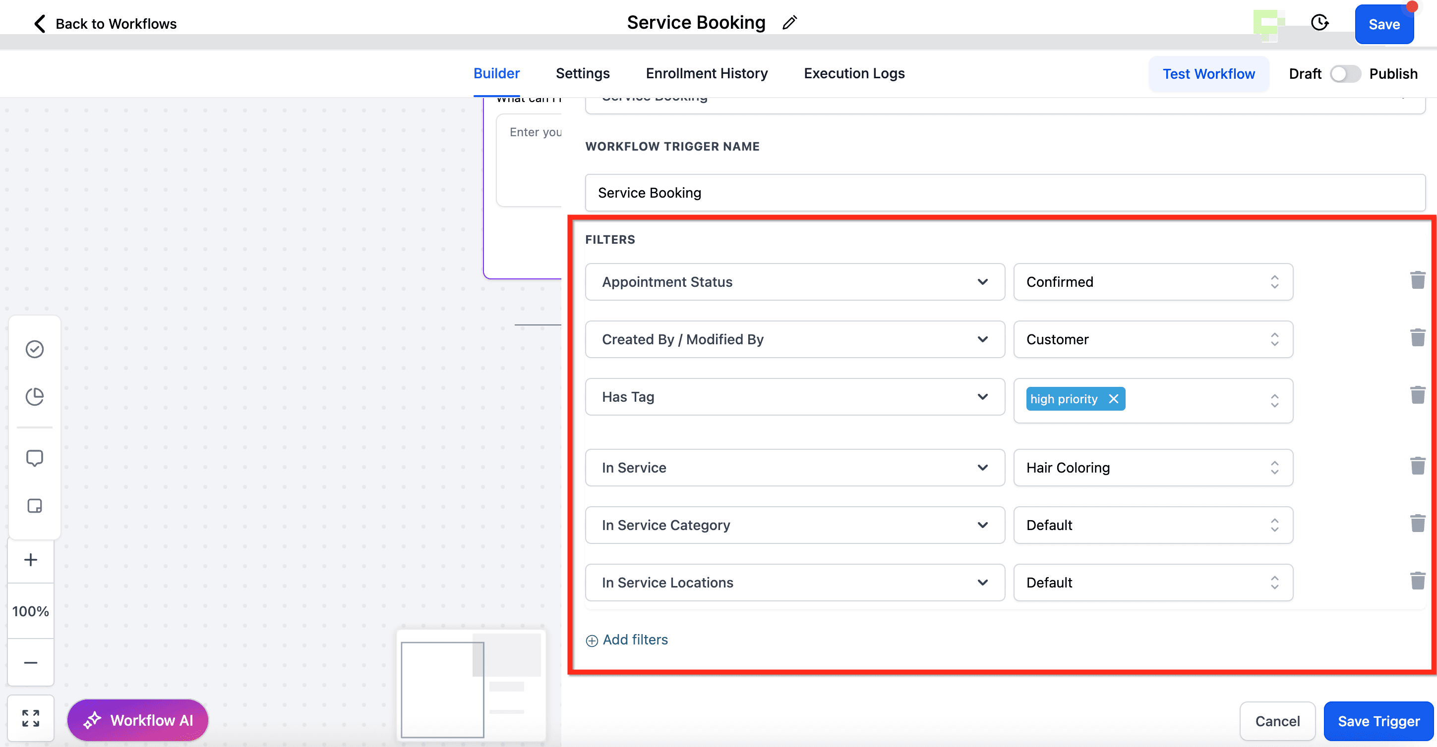 Schermata 2 — Workflow Trigger – Service Booking (Services v2)