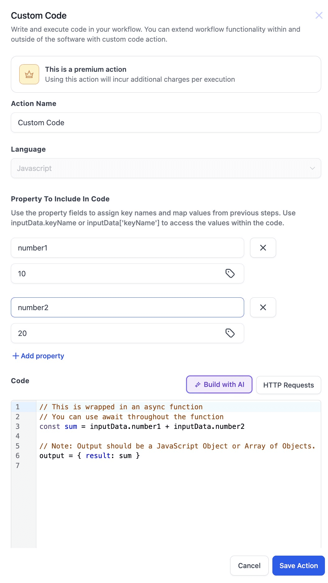 Schermata 2 — Azione Workflow - Custom Code con AI