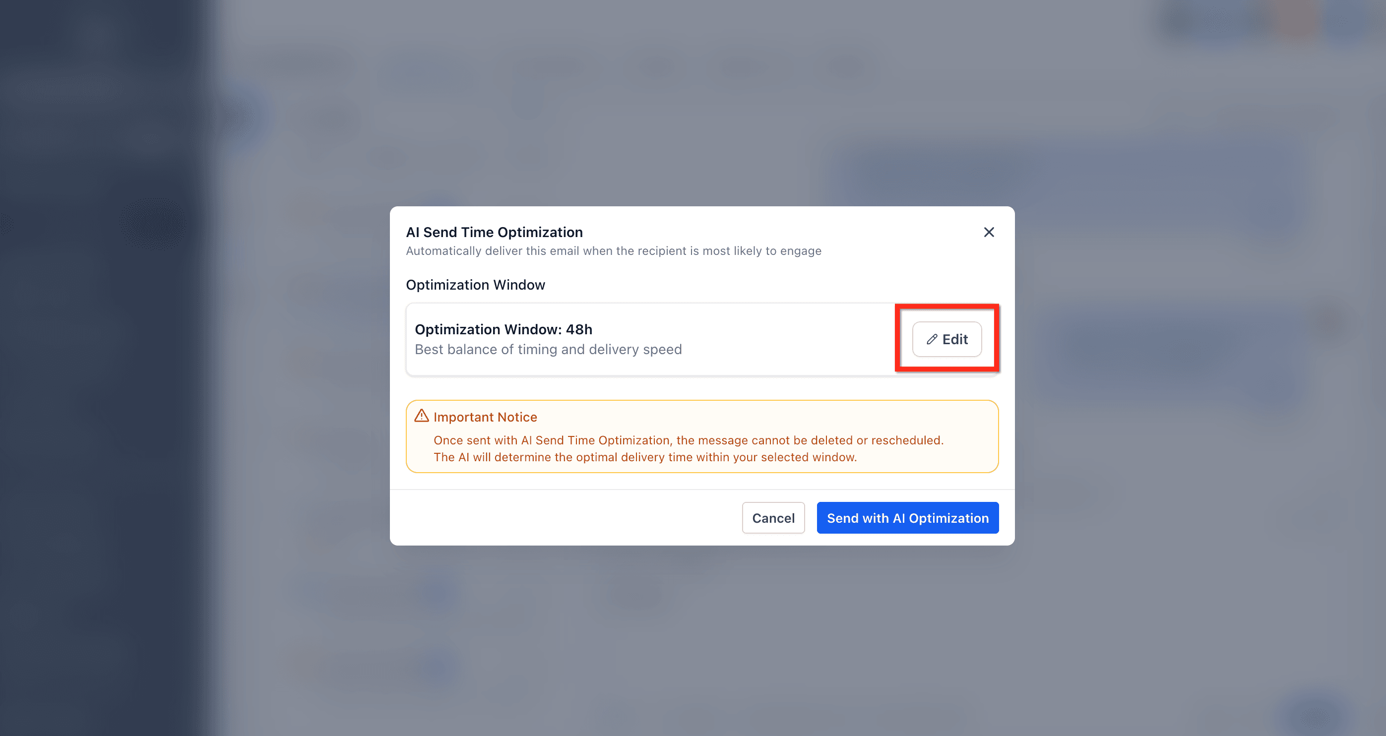 Pannello AI Schedule con il pulsante Edit per cambiare la finestra di ottimizzazione
