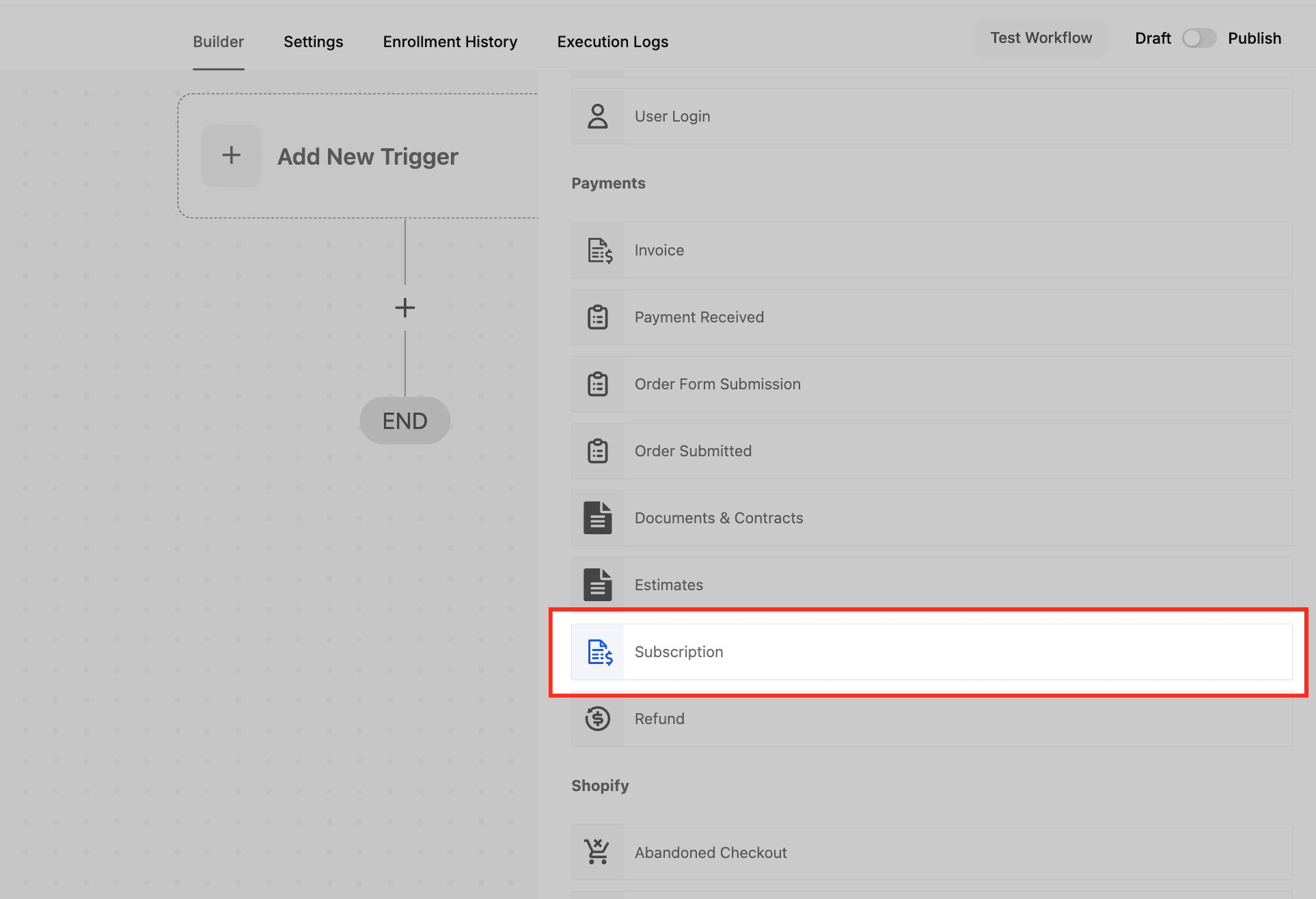 Schermata 1 — Workflow Trigger - Subscription