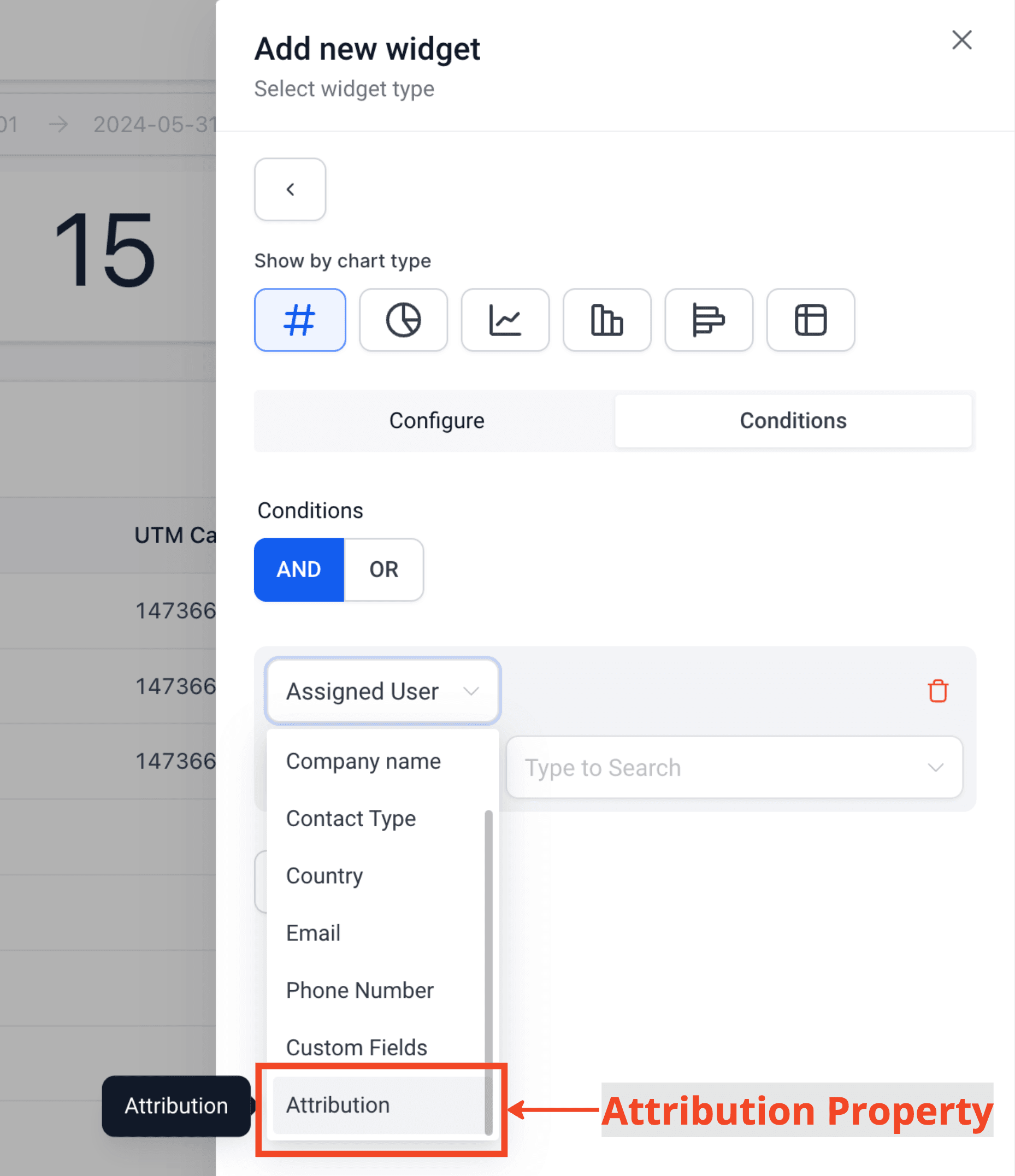 Schermata 1 — Come aggiungere parametri di attribuzione e UTM come filtri sui Widget personalizzati