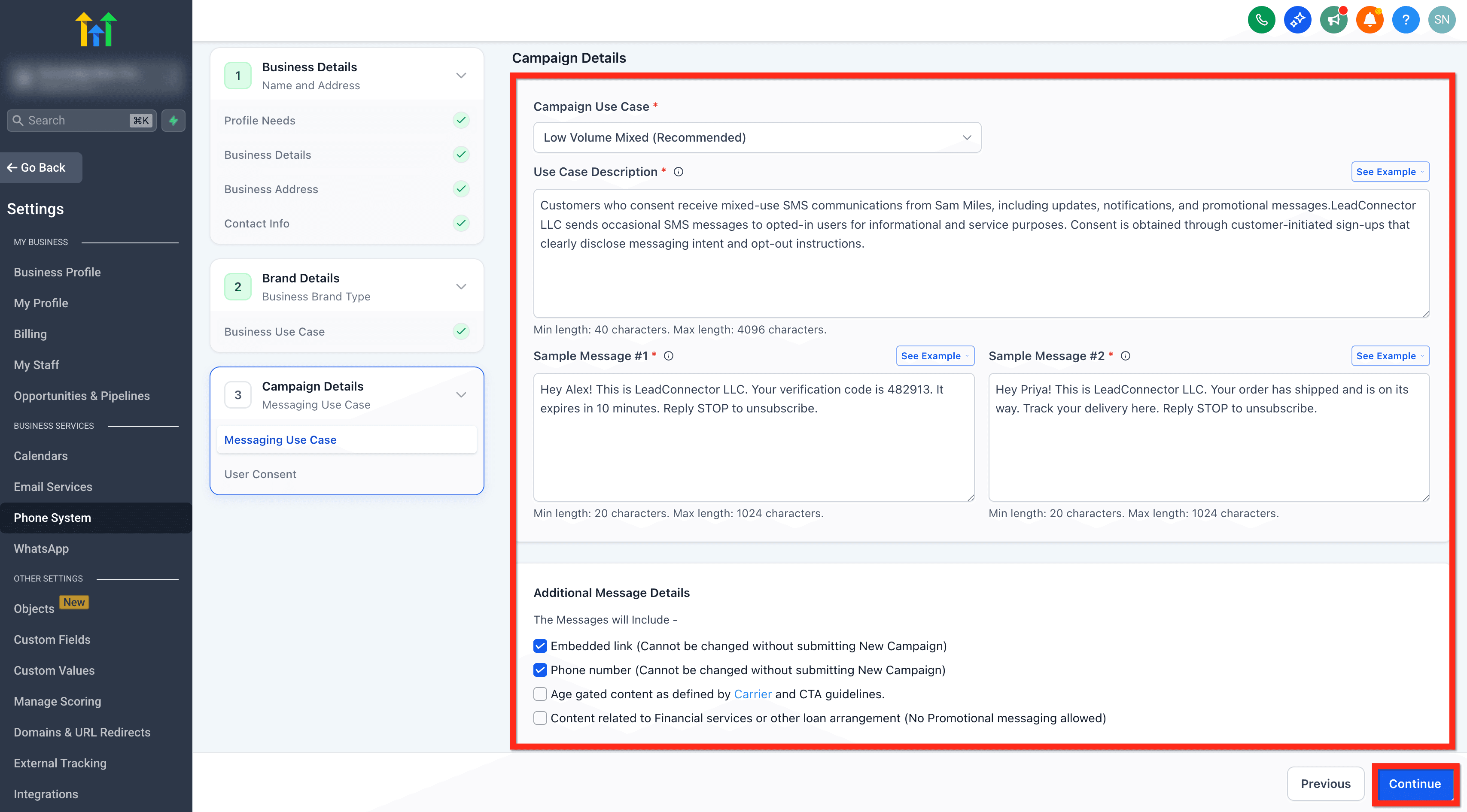Schermata 15 — A2P - Registrazione Standard Brand per 10DLC