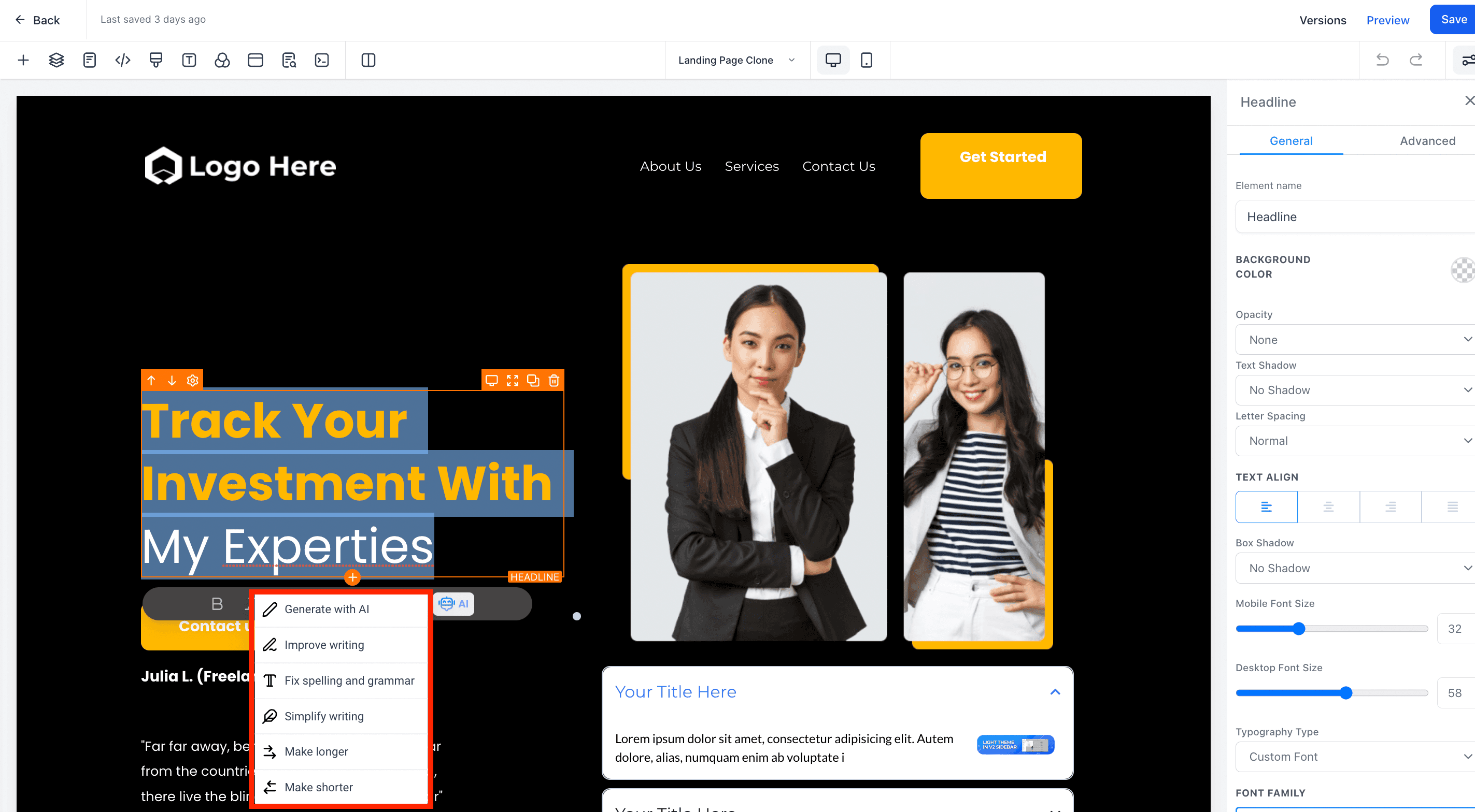 Schermata 5 — Come correggere grammatica e ortografia, allungare i contenuti e migliorare la scrittura in Funnel e Siti Web