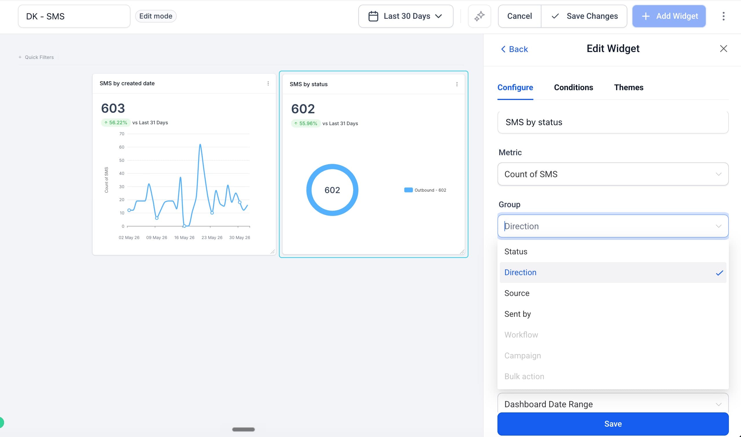 Schermata 4 — Widget SMS per Dashboard e Reportistica