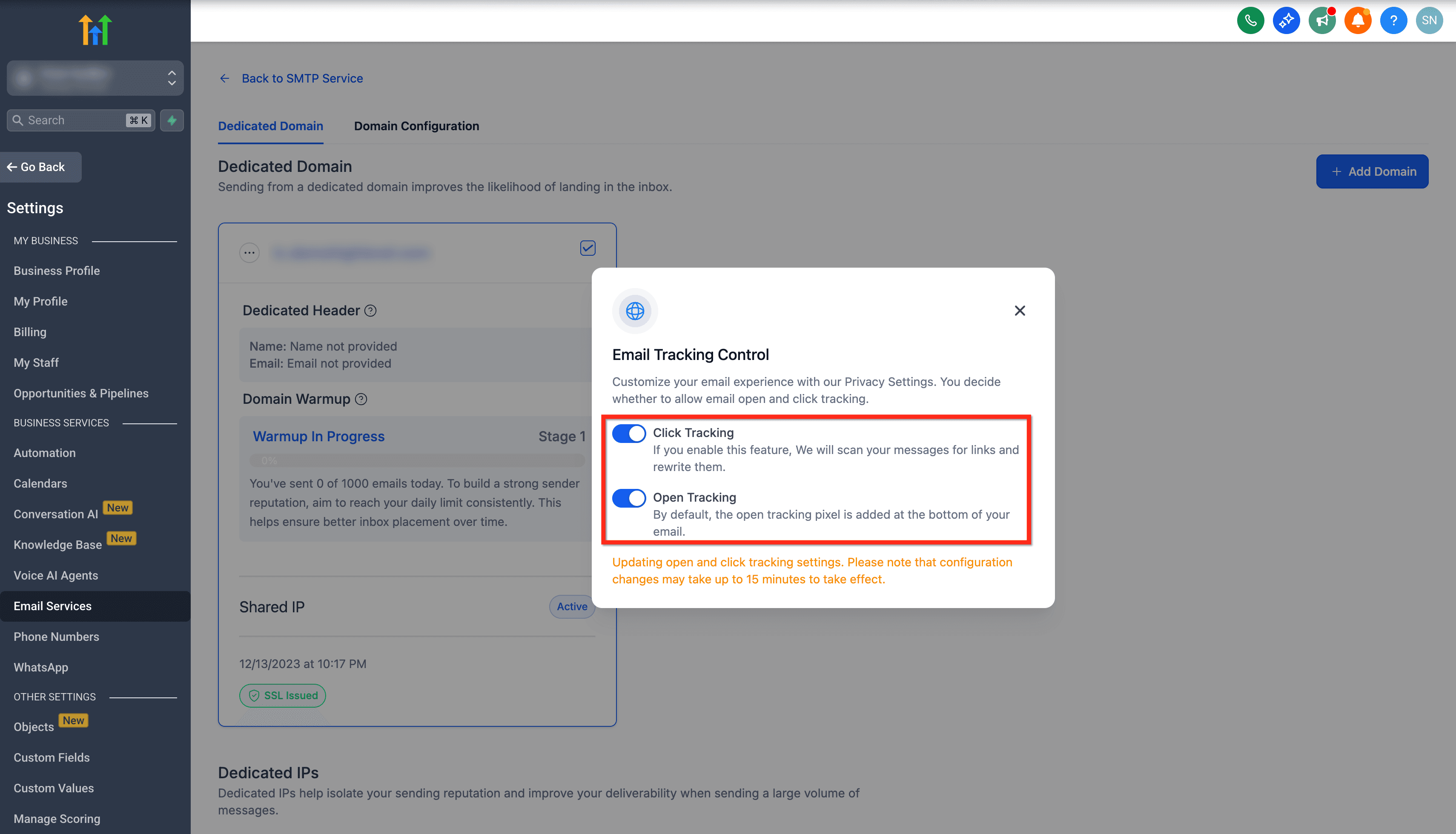 Pop-up Domain Settings con i toggle Click Tracking e Open Tracking
