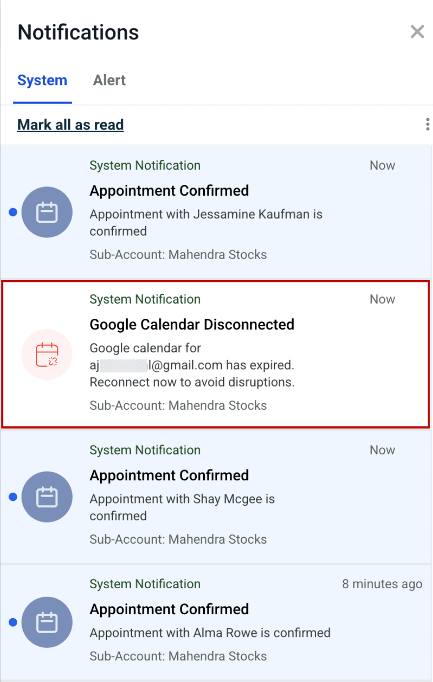 Schermata 3 — Notifiche di Disconnessione delle Integrazioni Calendario