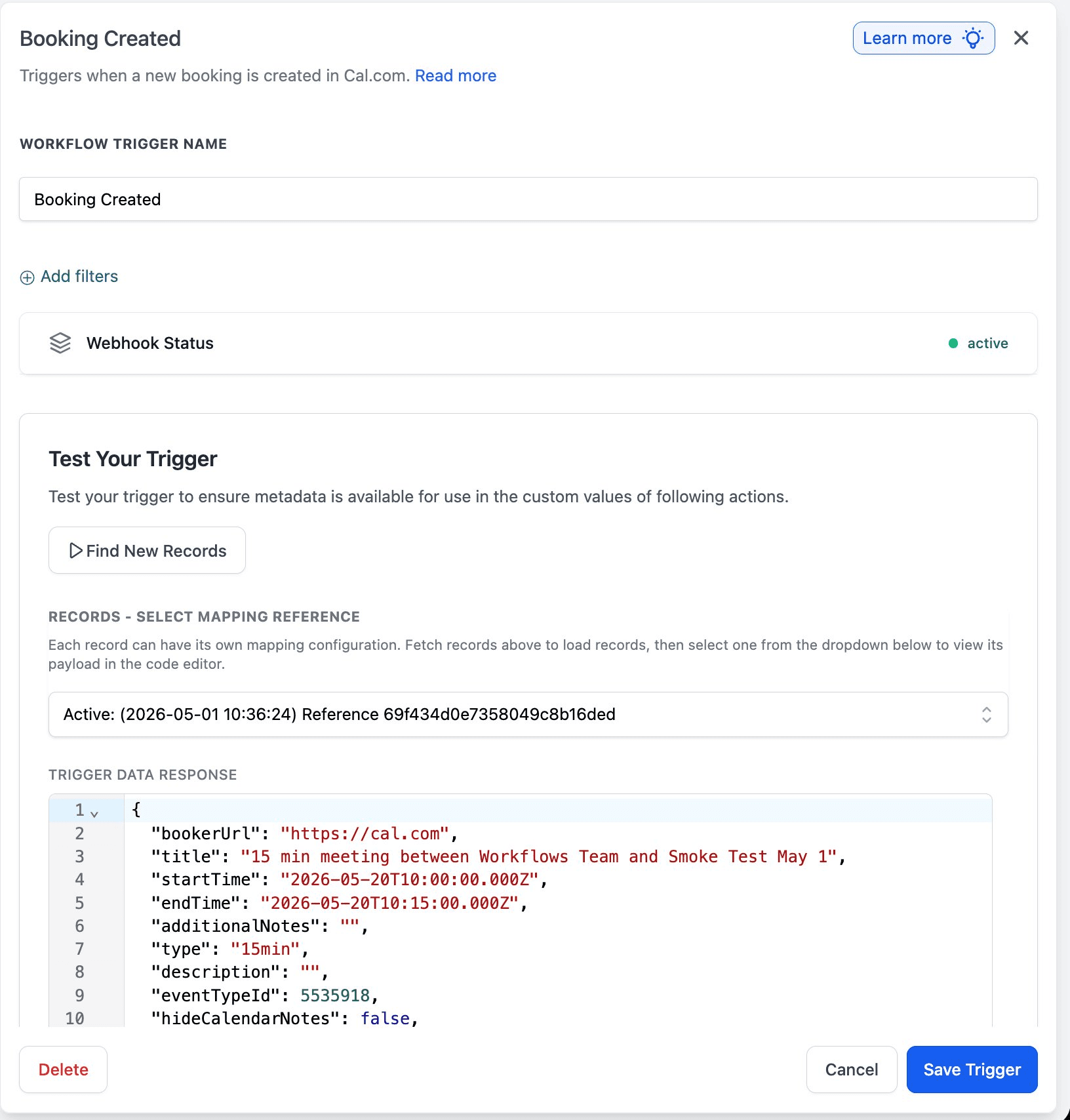 Schermata 3 — Cal.com: Azioni e Trigger nei Workflow