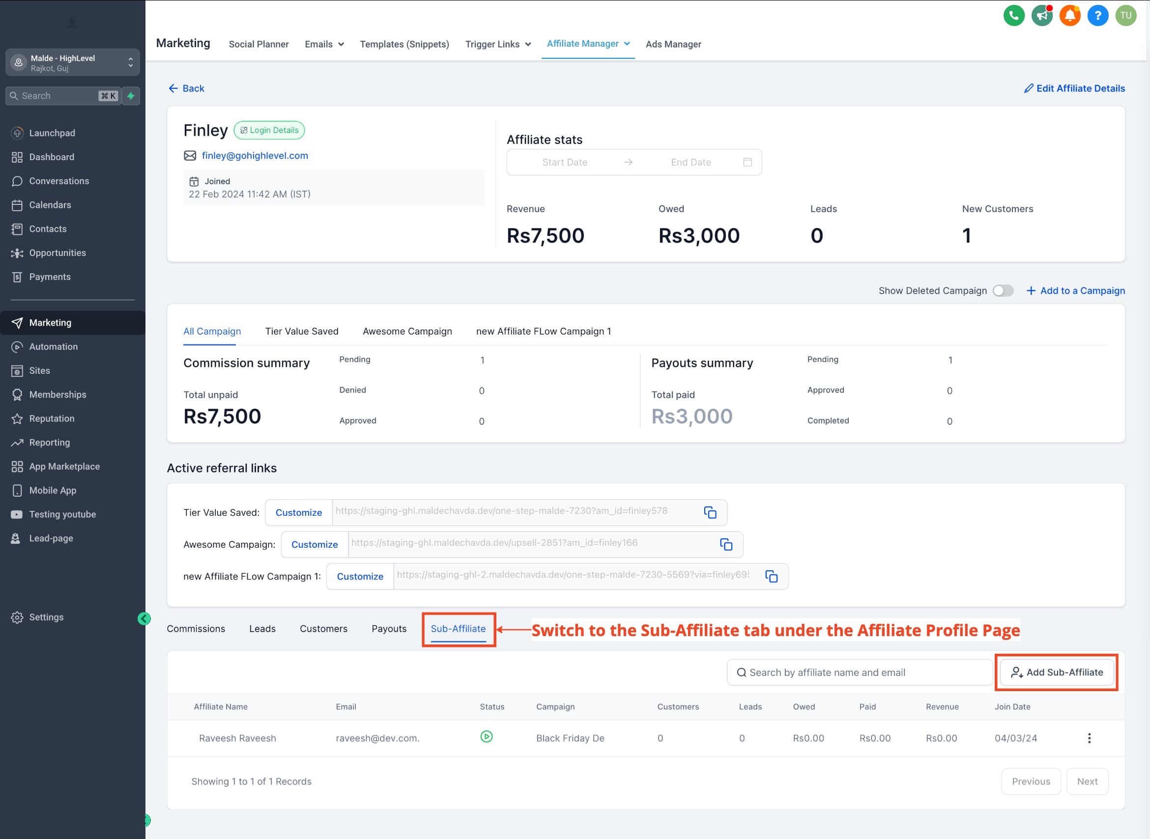 Schermata 2 — Come Aggiungere Sub-Affiliati nell'Affiliate Manager