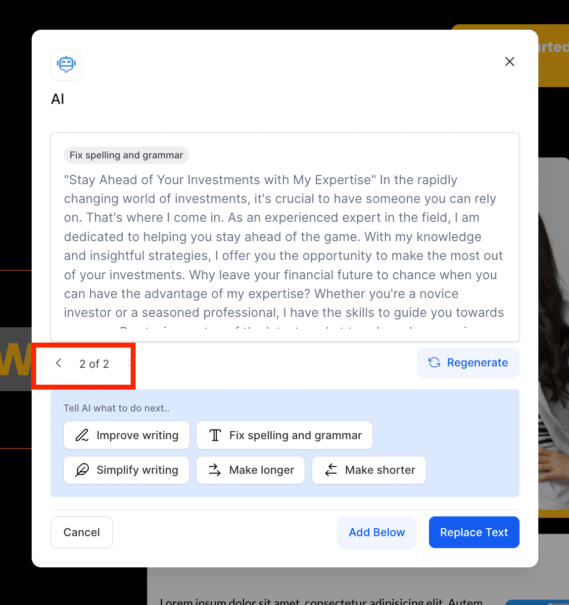 Schermata 7 — Come correggere grammatica e ortografia, allungare i contenuti e migliorare la scrittura in Funnel e Siti Web