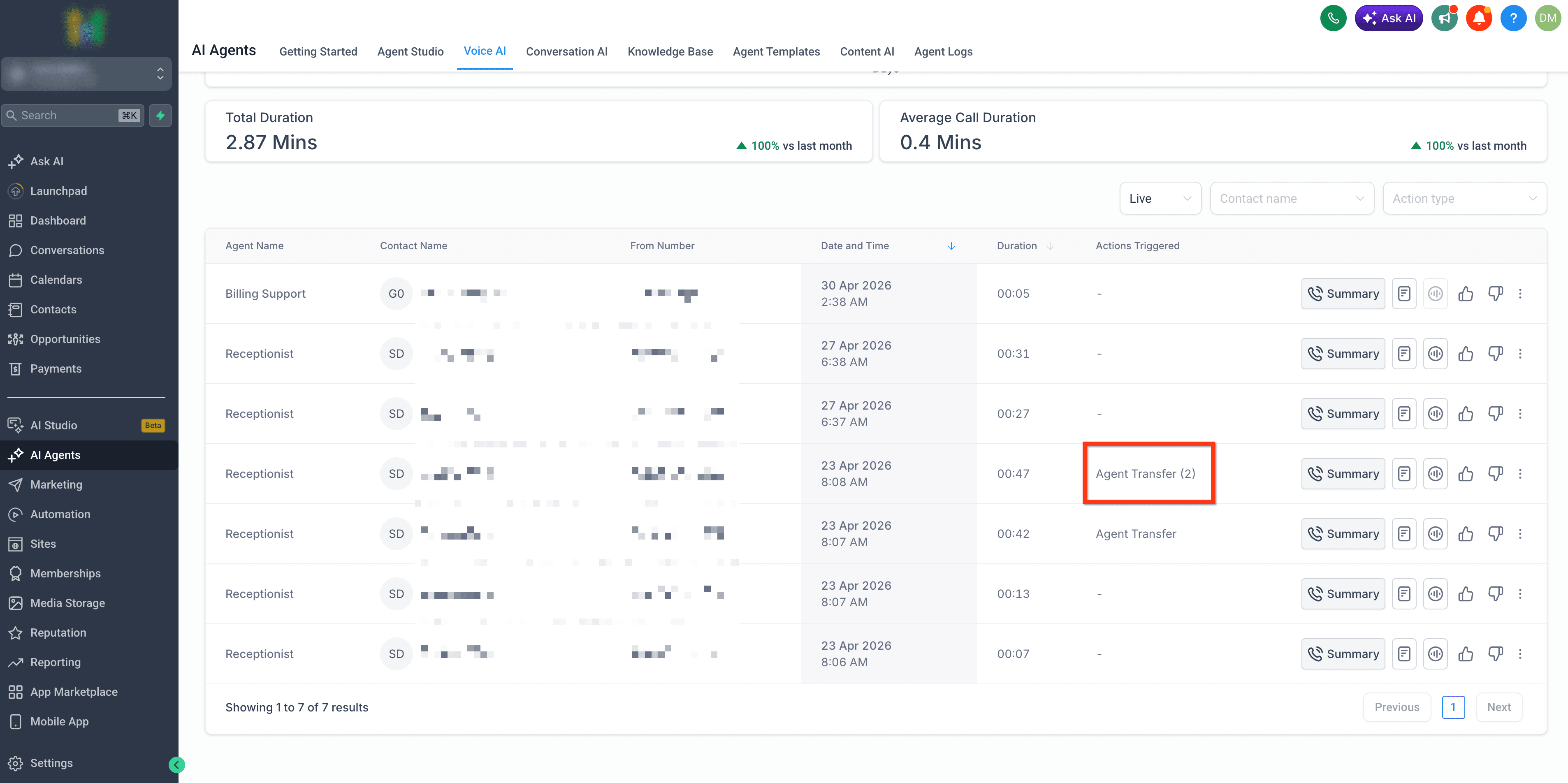 Schermata 3 — Voice AI: Trasferimento tra Agenti