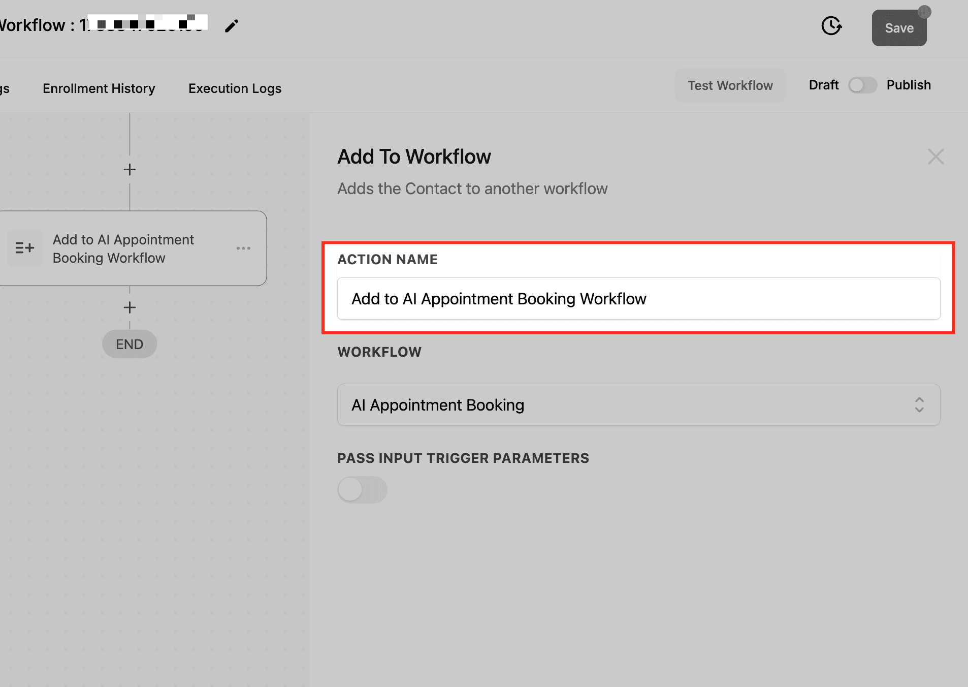 Schermata 4 — Azione - Aggiungi al Workflow -> Azione Workflow: Aggiungi al Workflow