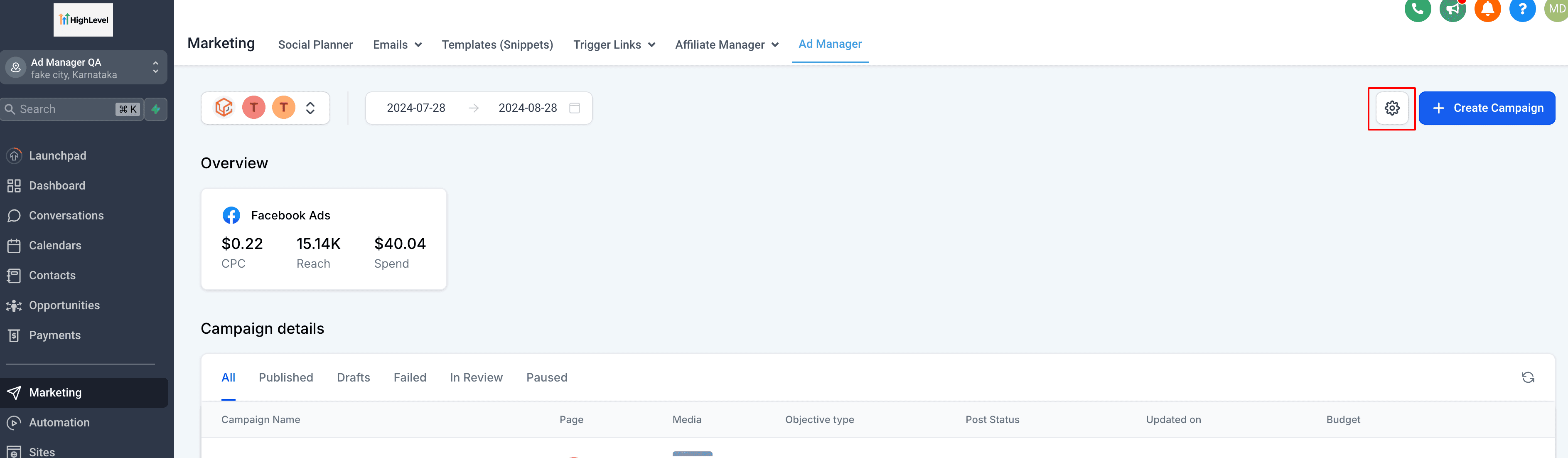 Schermata 1 — Impostare una pagina Facebook come predefinita per Ad Manager