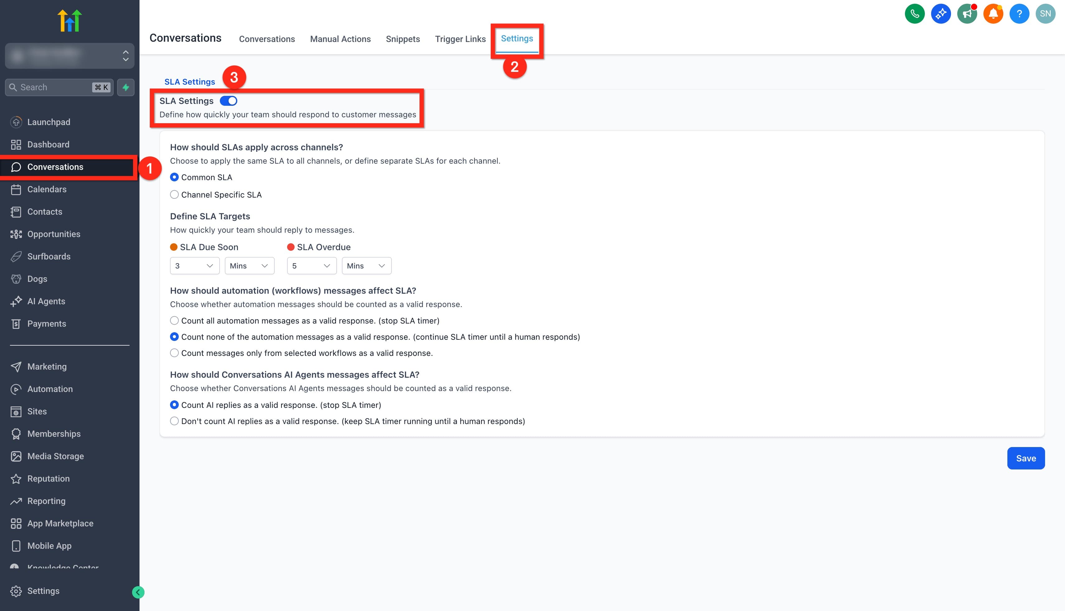 Schermata 1 — Conversazioni - Come configurare e monitorare gli SLA
