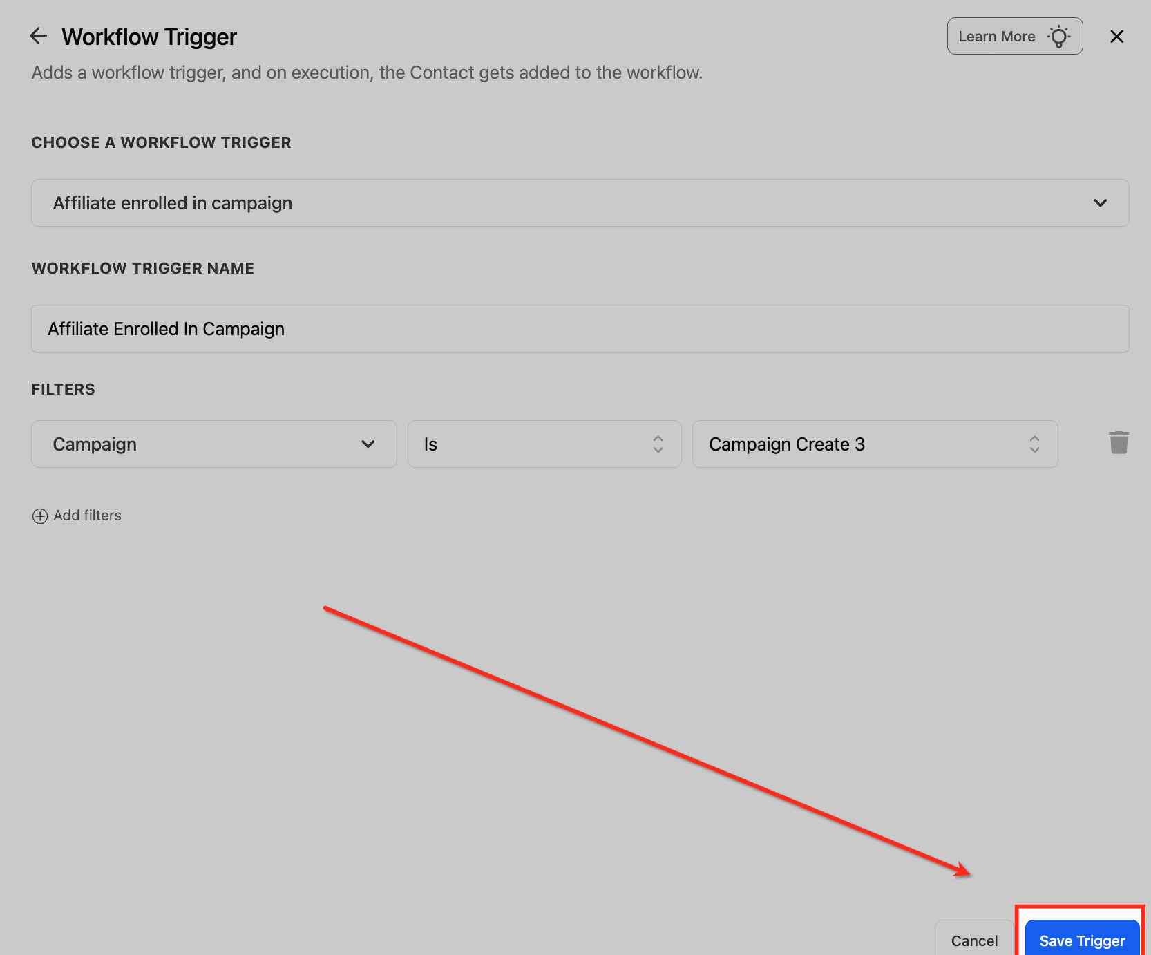 Schermata 6 — Workflow Trigger - Iscrizione Affiliato a Campaign