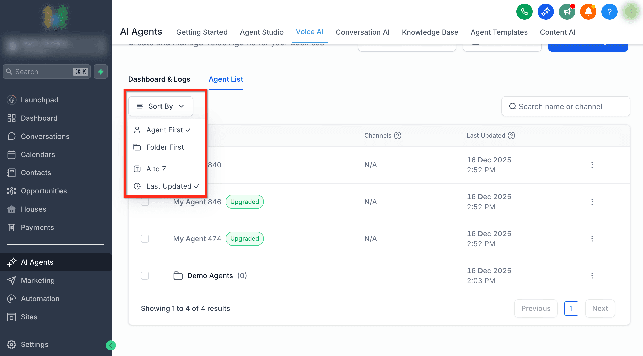 Schermata 9 — Cartelle per gli Agenti Voice AI