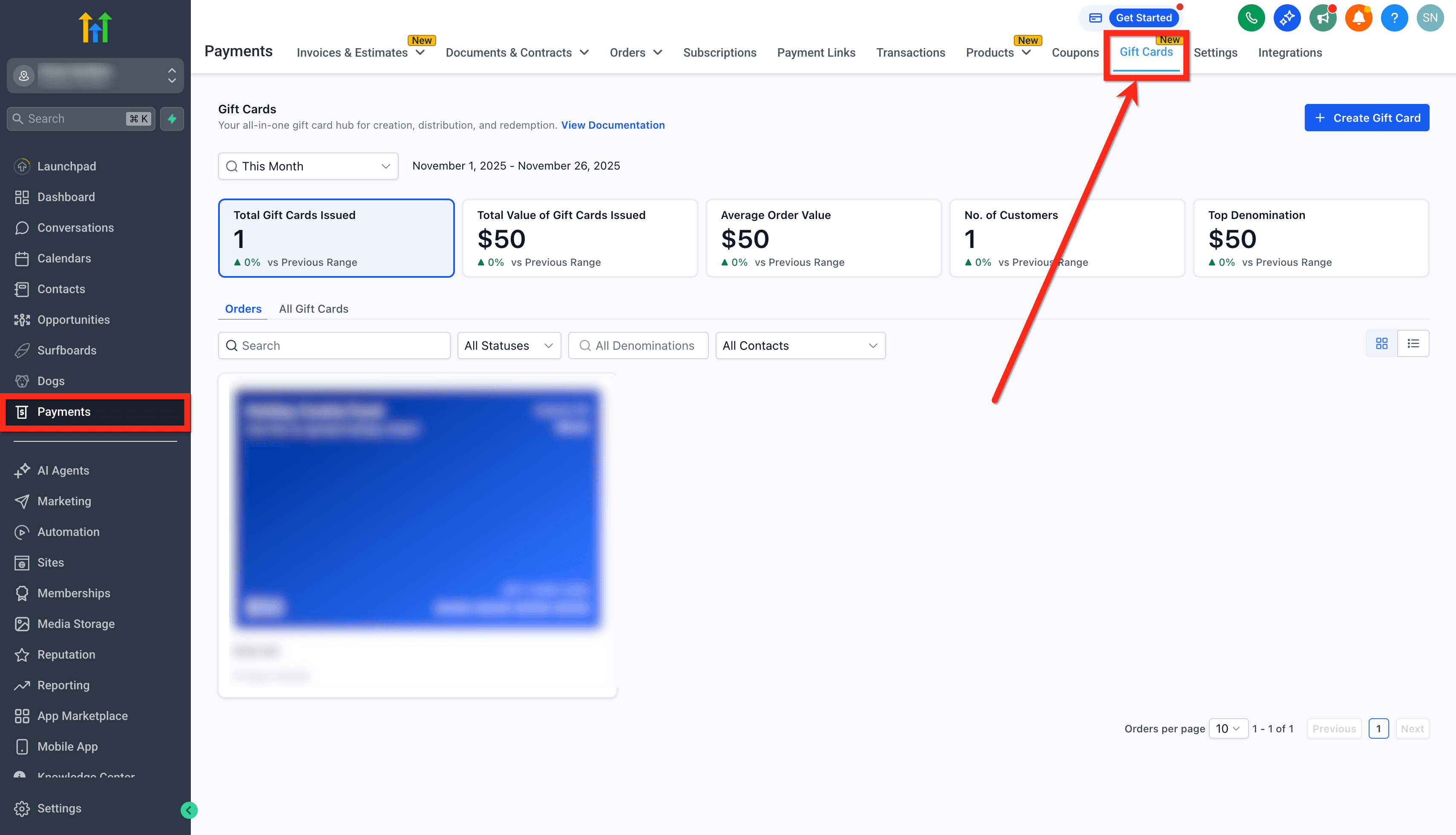 Schermata 1 — Come inviare Gift Card