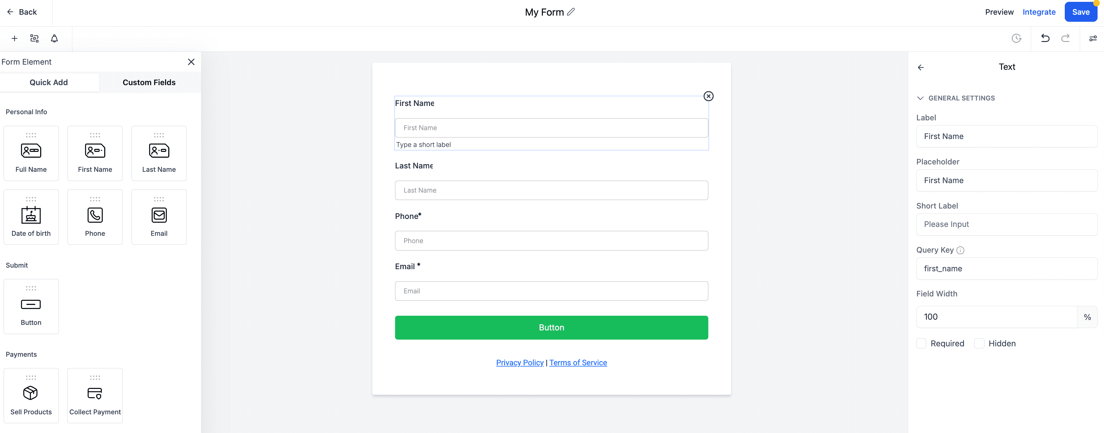 Schermata 1 — Form, Survey e Quiz: Modifica Inline