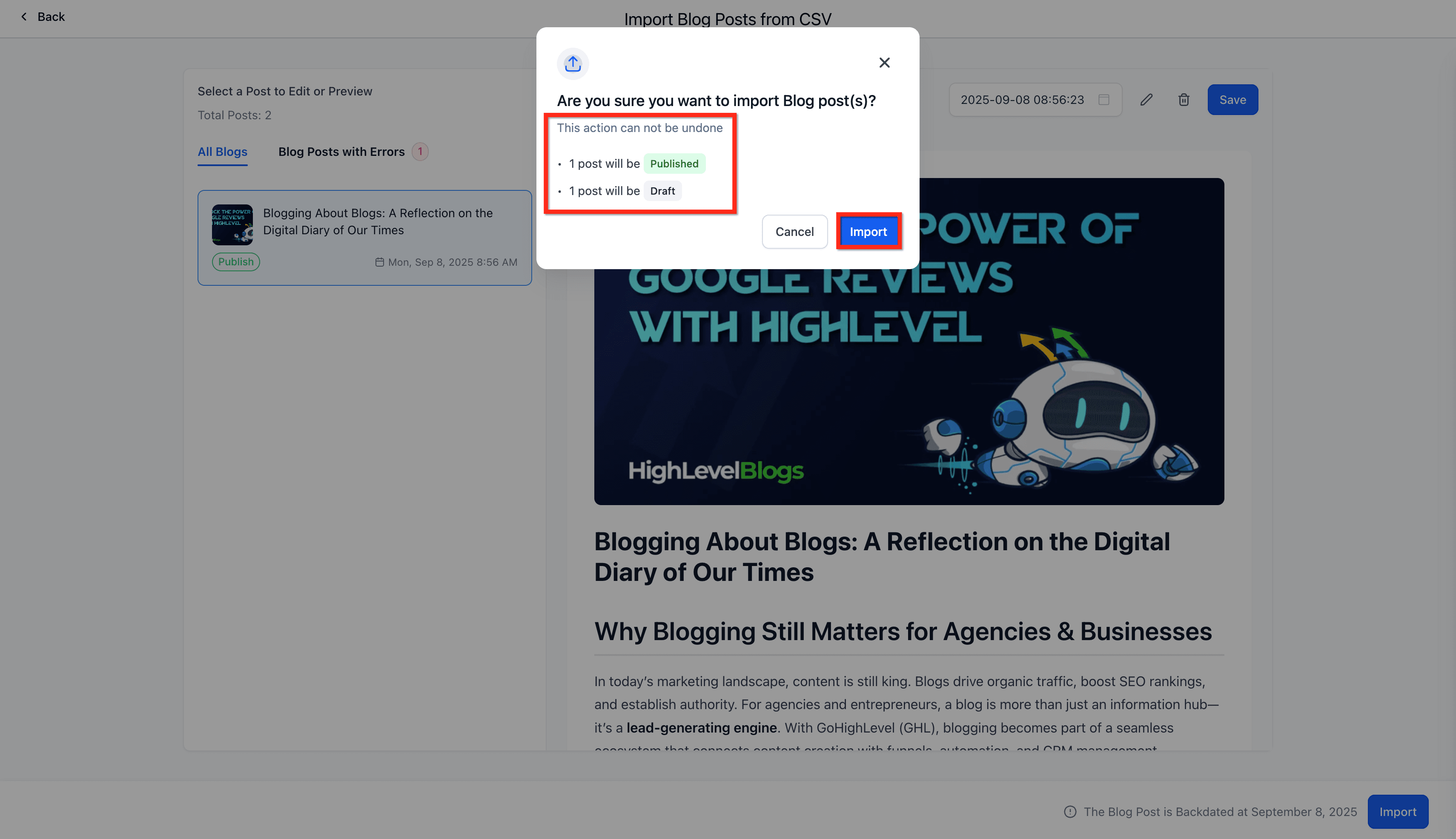 Schermata 9 — Blog - Importazione Massiva tramite CSV