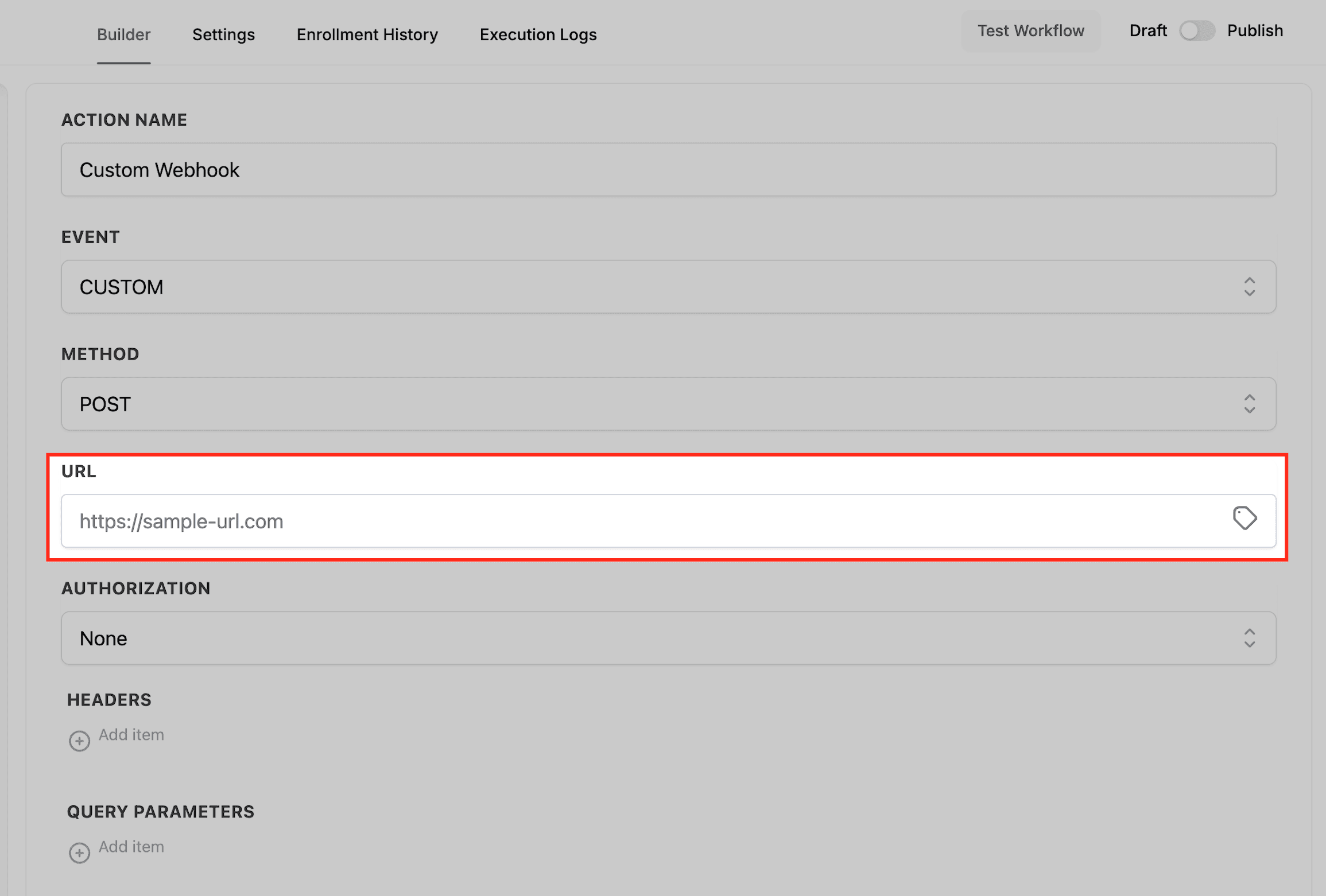 Schermata 6 — Azione Workflow - Custom Webhook