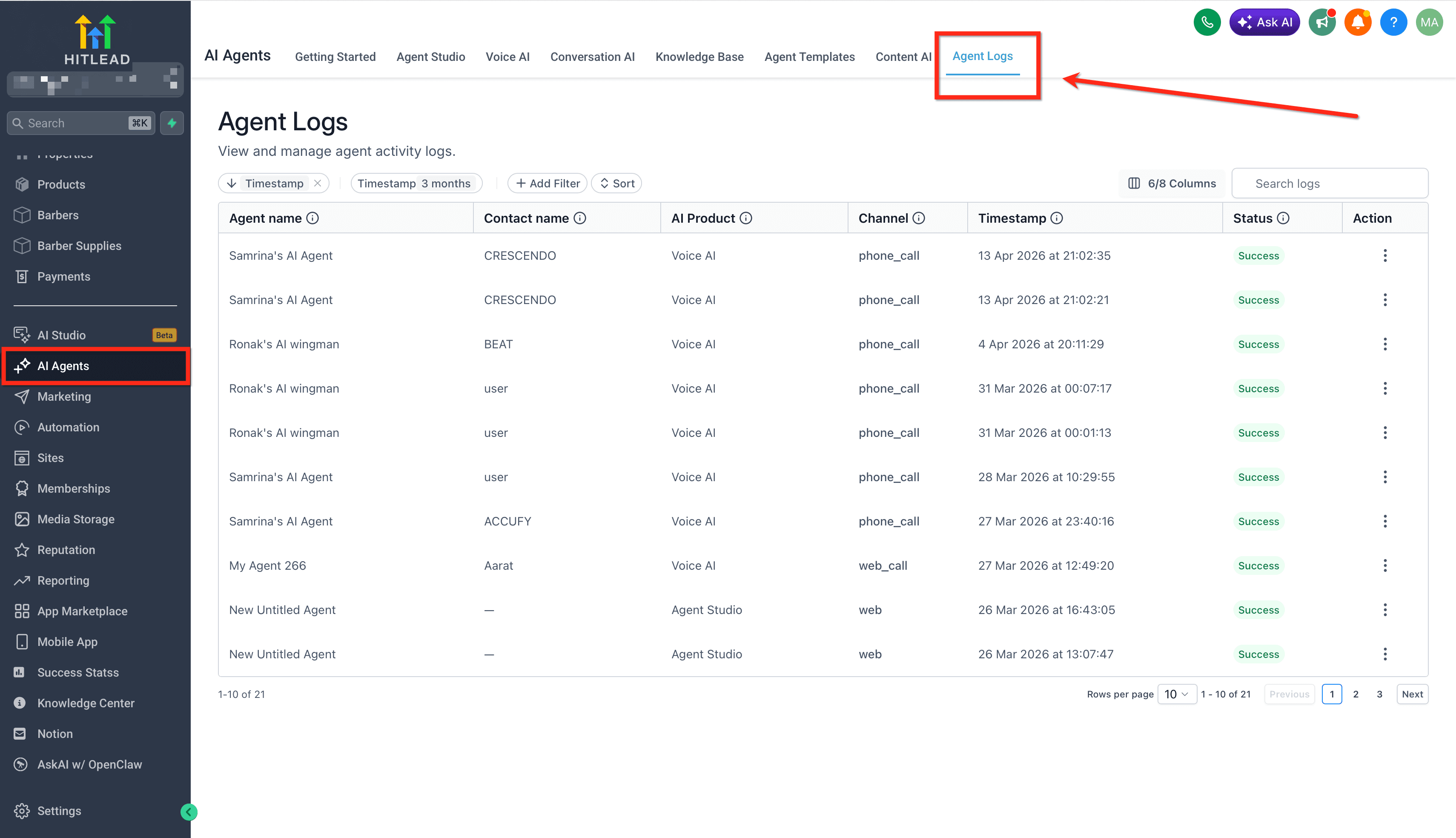 Schermata 4 — Panoramica di Agent Logs