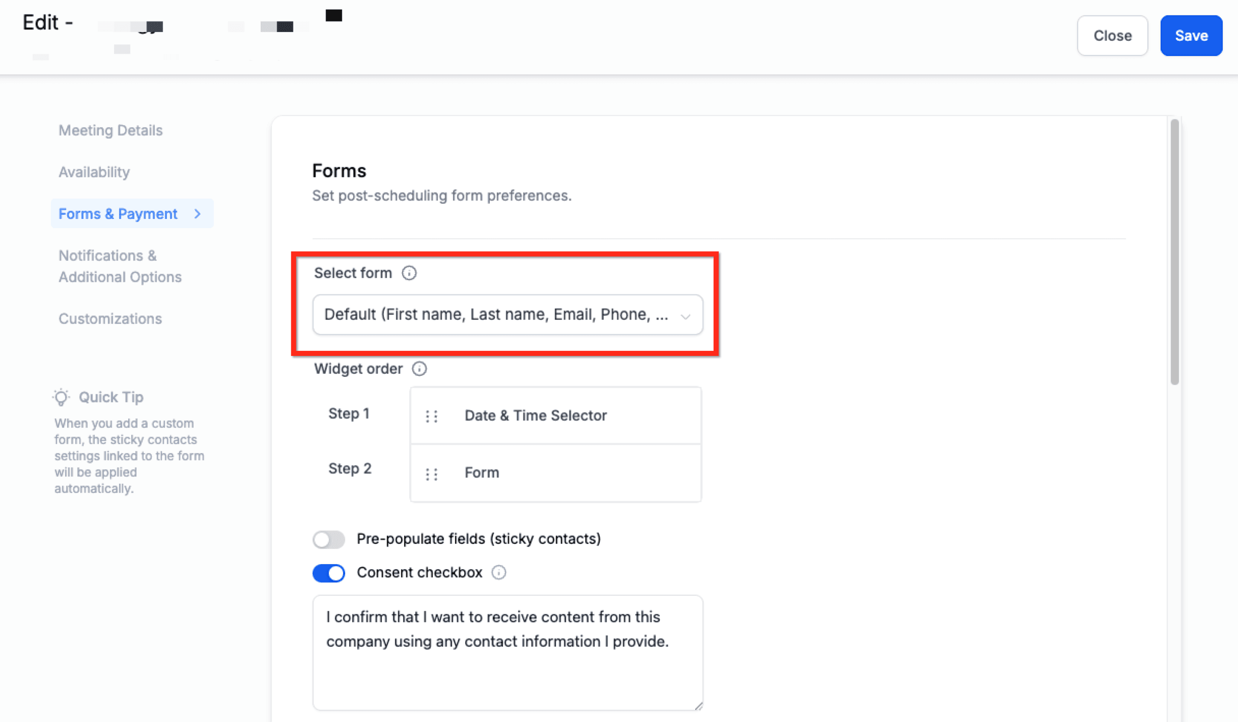 Schermata 5 — Aggiungere Form Personalizzati ai Calendari