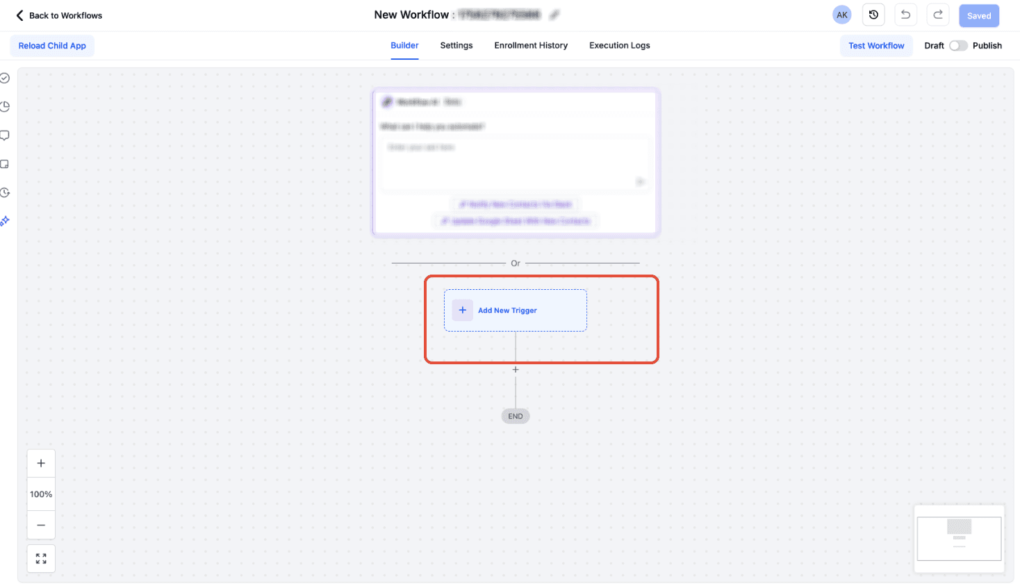 Pulsante Add New Workflow Trigger nel builder del Workflow
