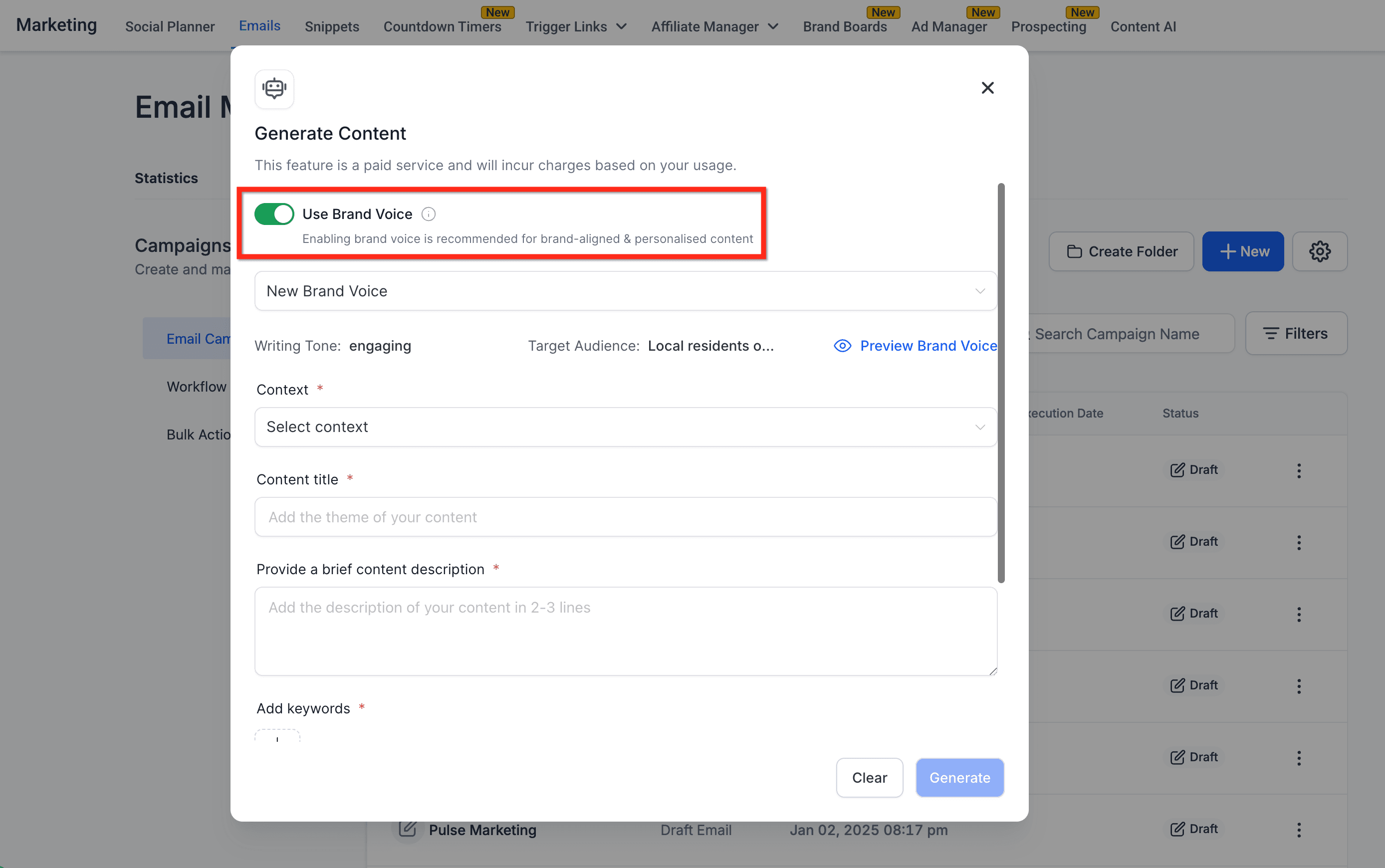 Schermata 2 — Integrazione Brand Voice nel Content AI