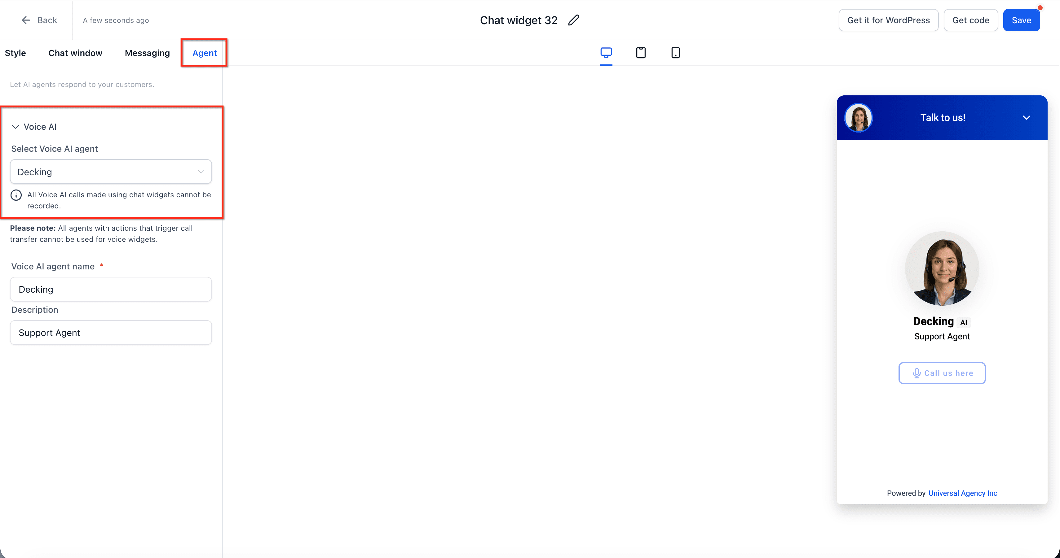 Schermata 2 — Protezione reCAPTCHA del Voice AI Chat Widget