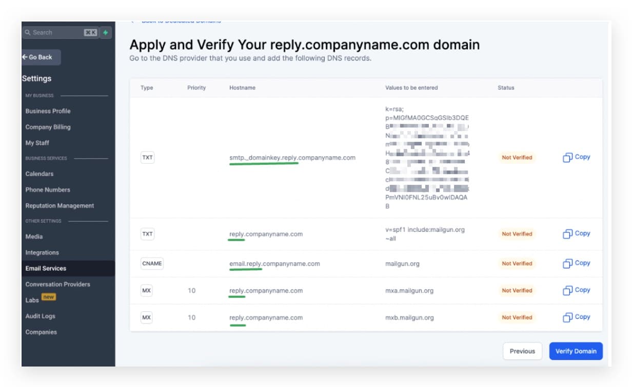 Schermata dei record DNS con i 5 record da aggiungere