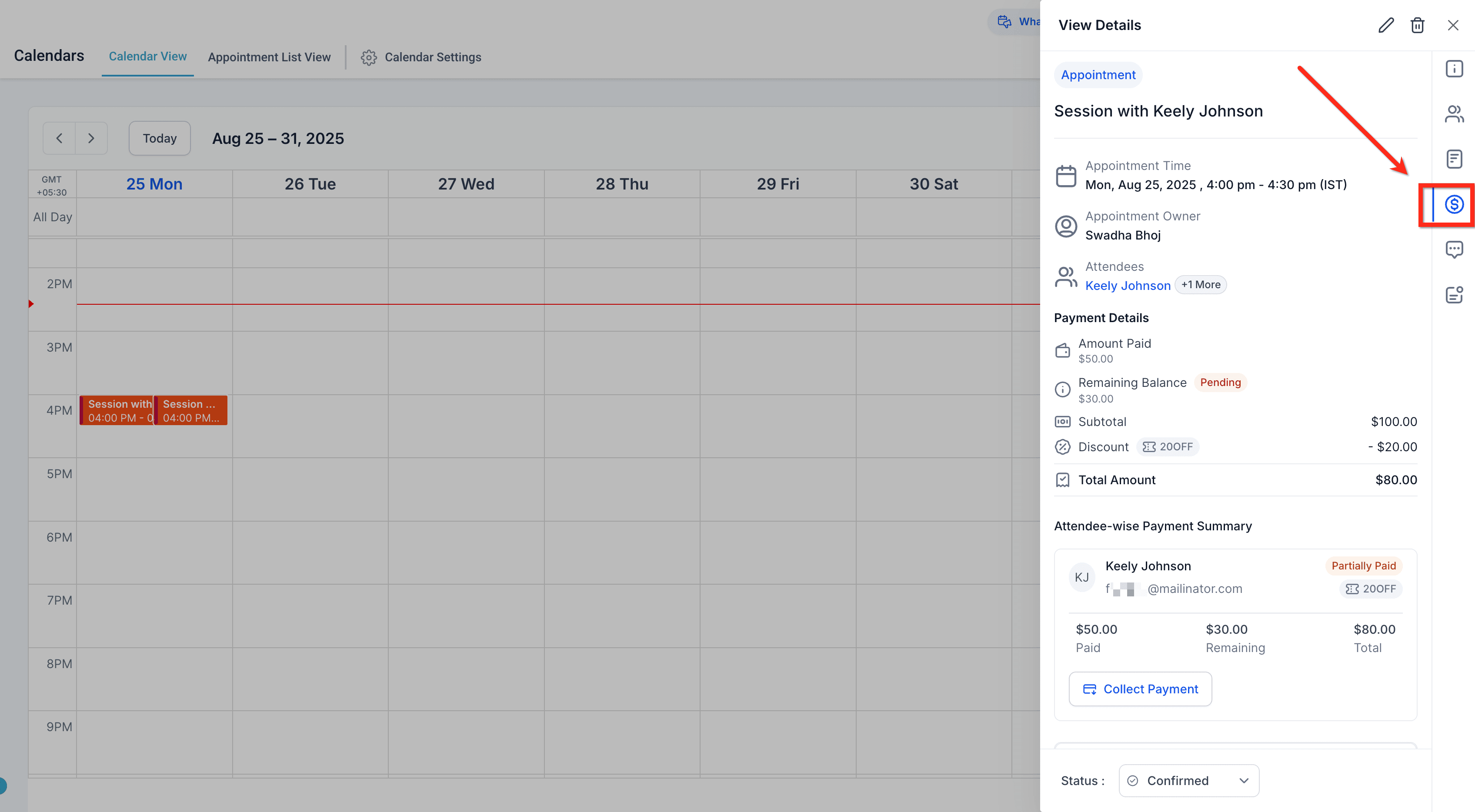 Screenshot tab pagamenti nell'appuntamento