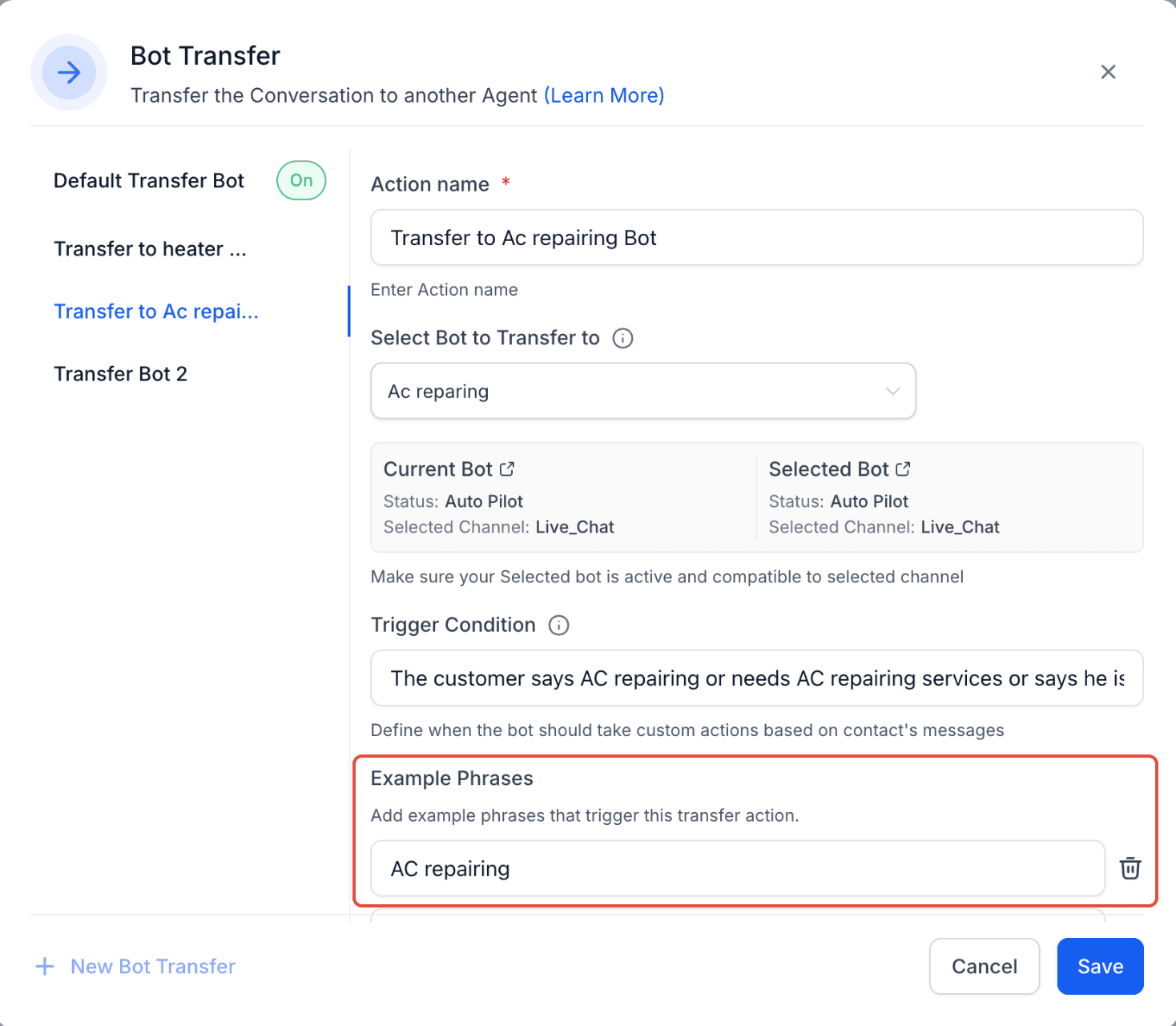 Schermata 7 — Conversation AI - Azione Transfer Bot
