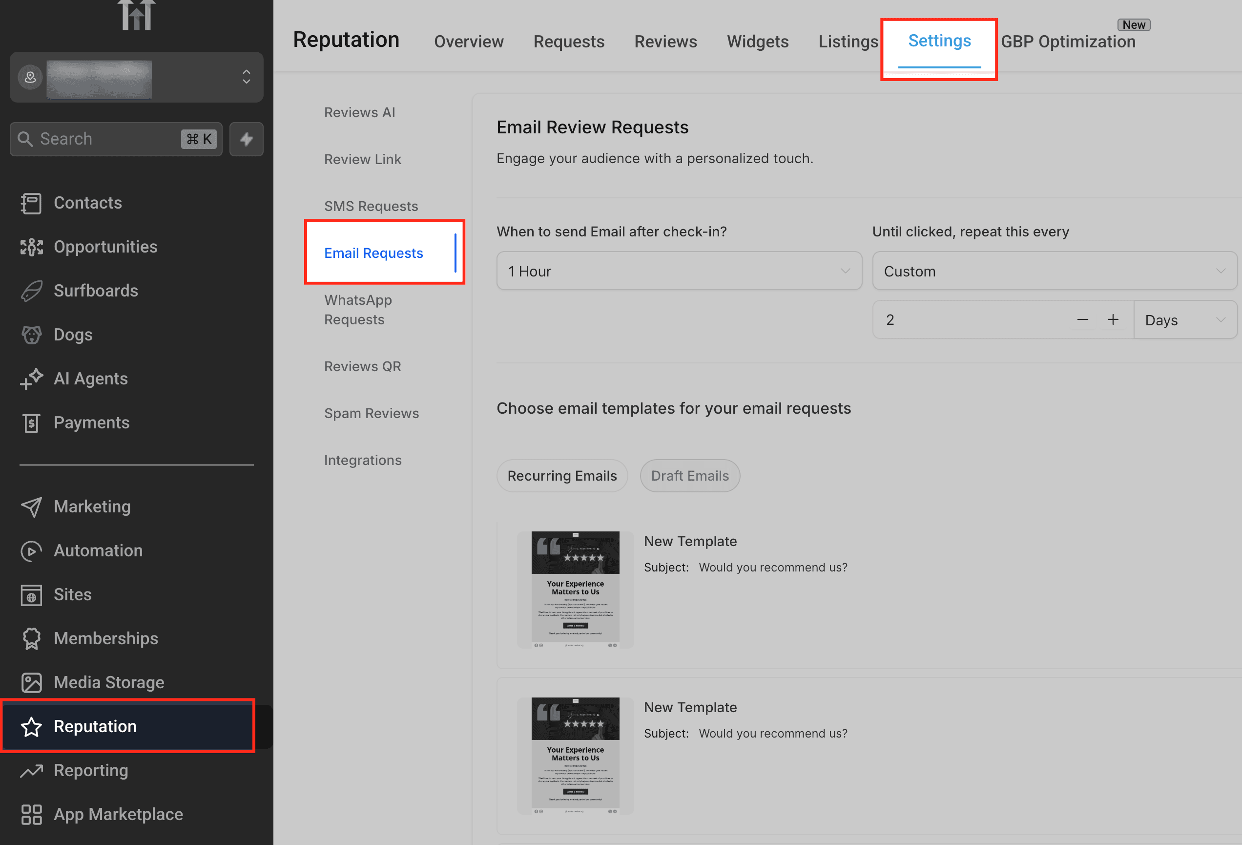 Schermata 3 — Come usare la Libreria di Template per creare email brandizzate di richiesta recensione