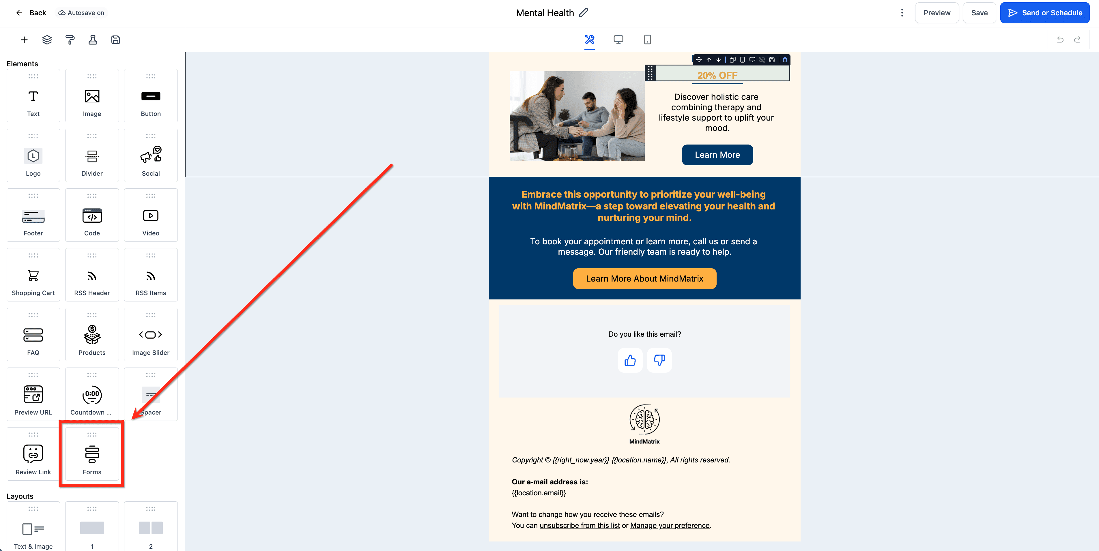 Schermata 2 — Usare l'elemento Inline Form/Survey nelle campagne email