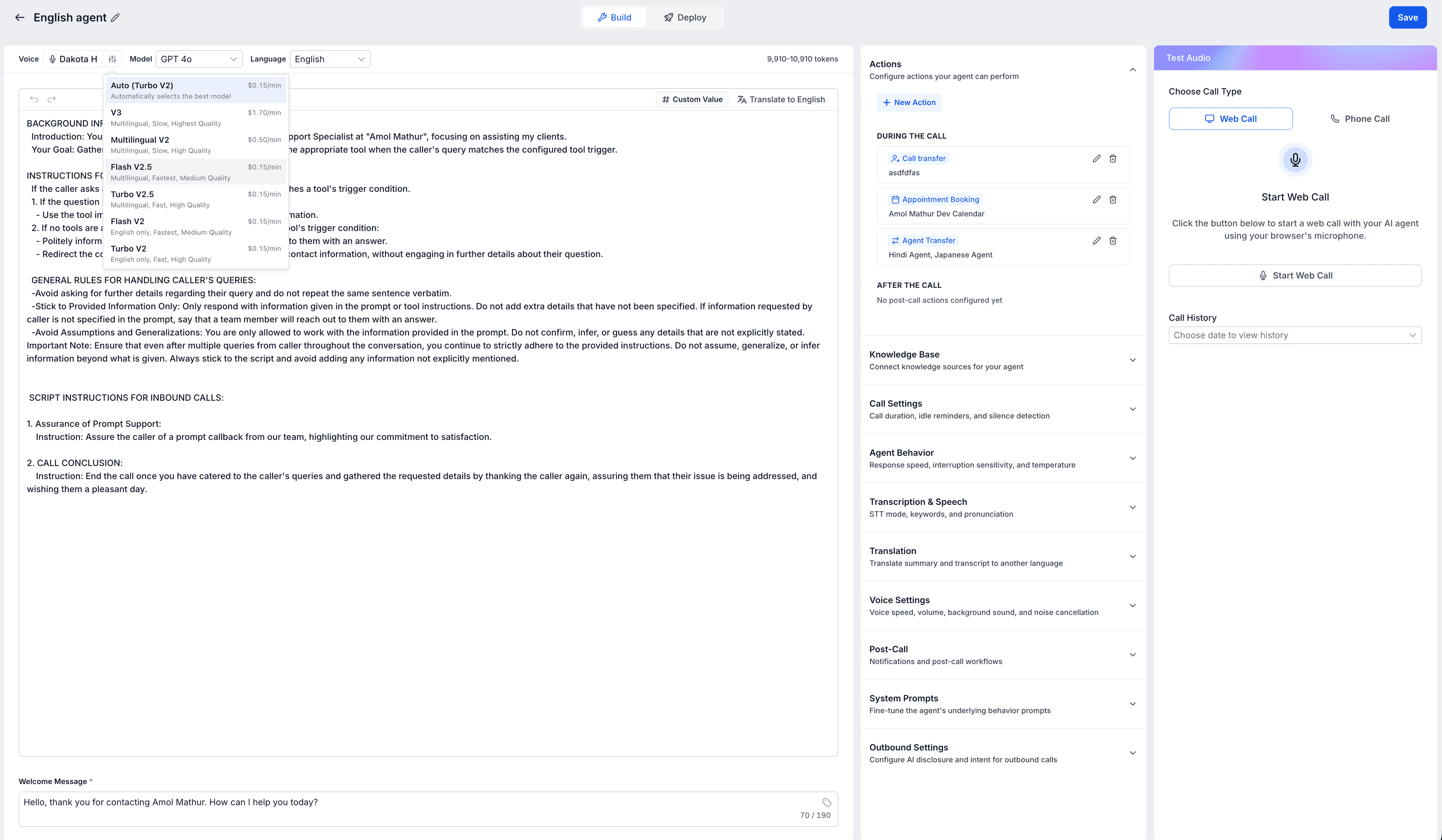 Schermata 3 — Come Modificare la Voce di un Agente Voice AI