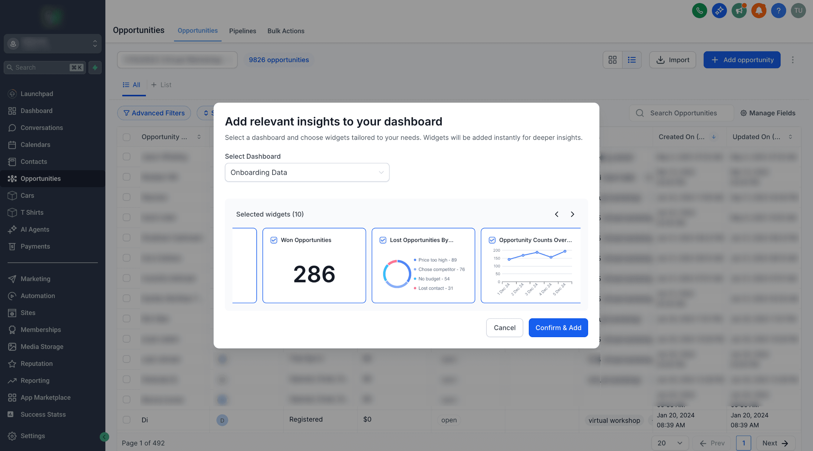 Schermata 5 — Come aggiungere Widget di Insight alla Dashboard dalle pagine principali