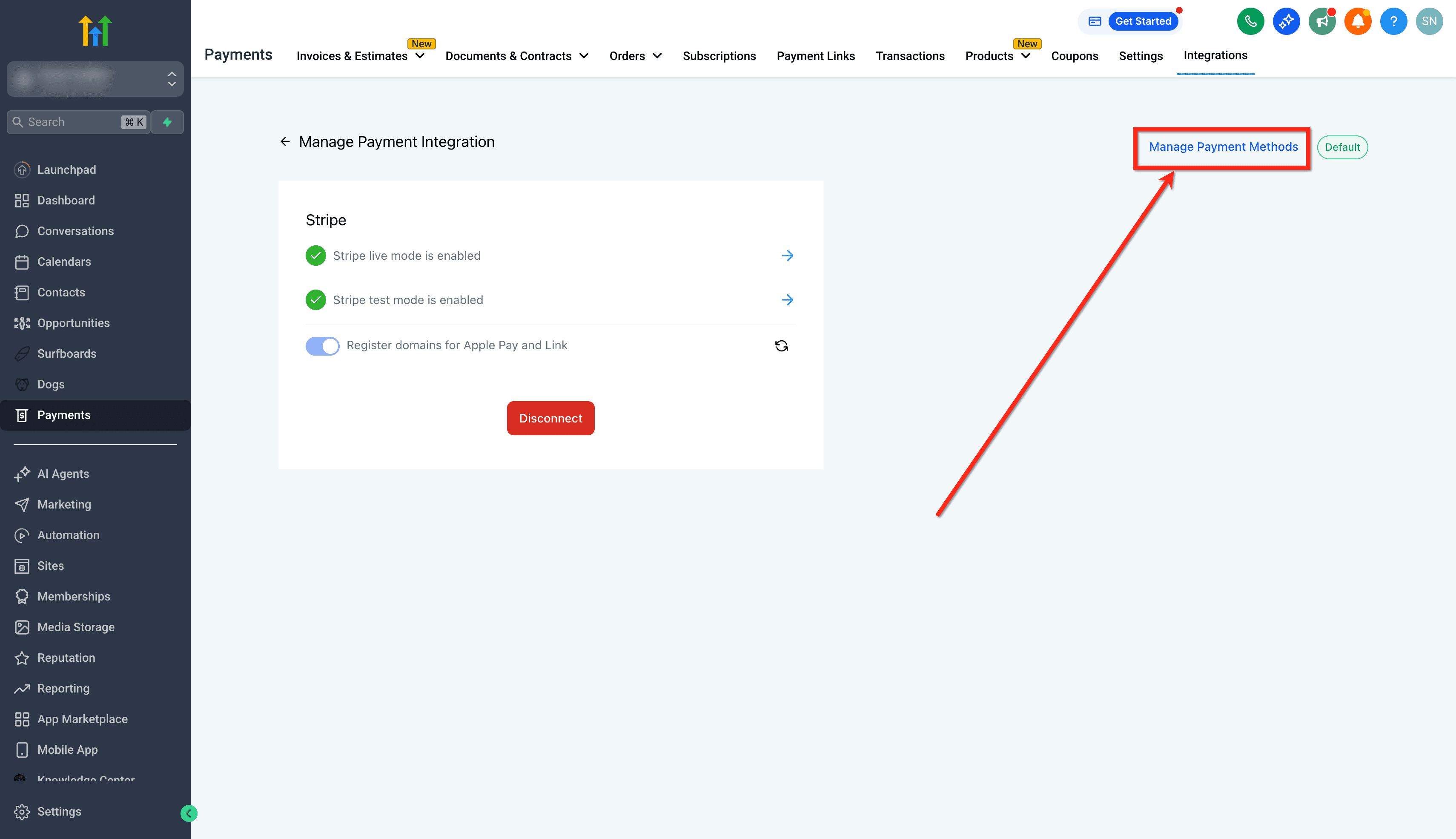 Schermata 4 — Come gestire i metodi di pagamento Stripe in HITLEAD