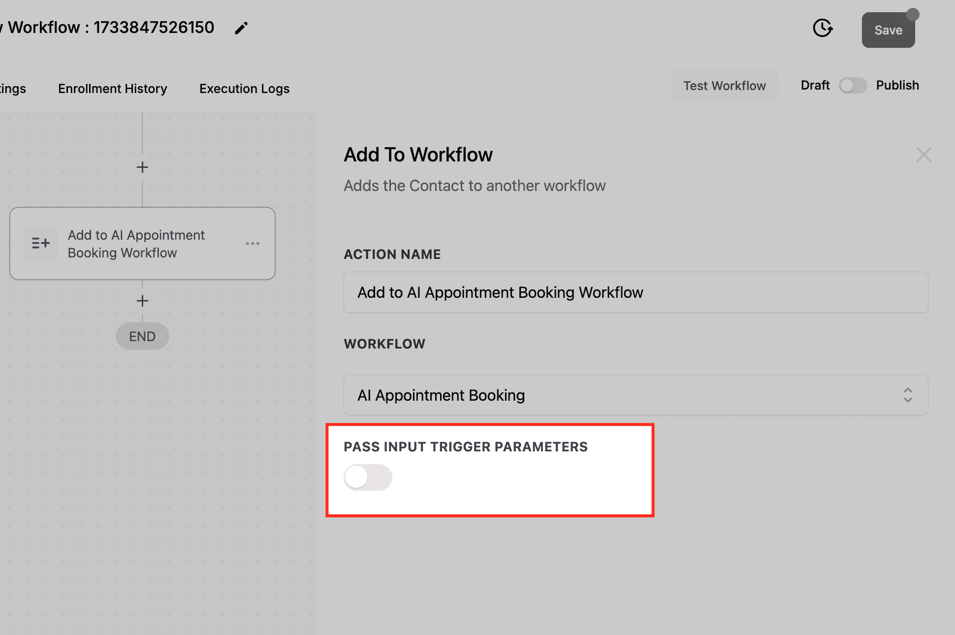 Schermata 6 — Azione - Aggiungi al Workflow -> Azione Workflow: Aggiungi al Workflow