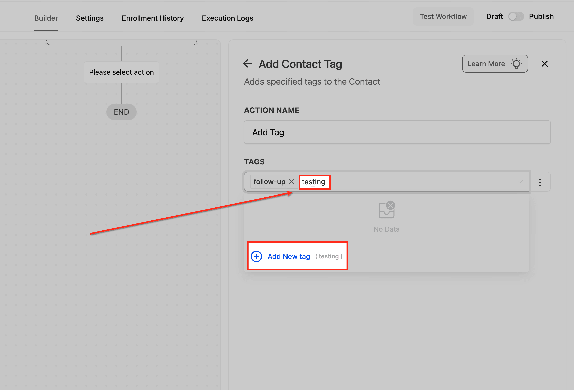 Schermata 5 — Azione Workflow - Aggiungi Tag al Contatto