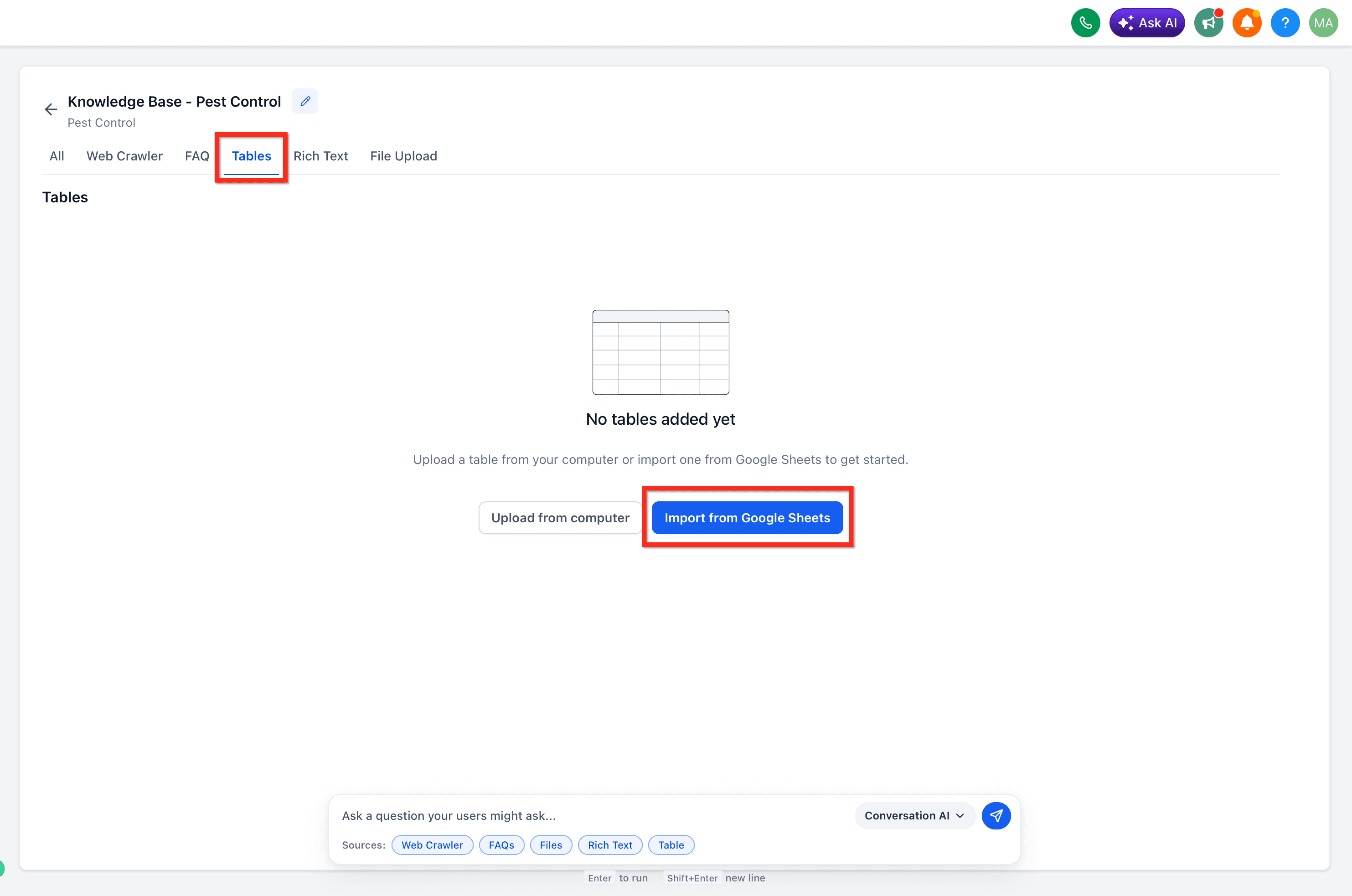 Schermata 3 — Integrazione Google Sheets per la Knowledge Base