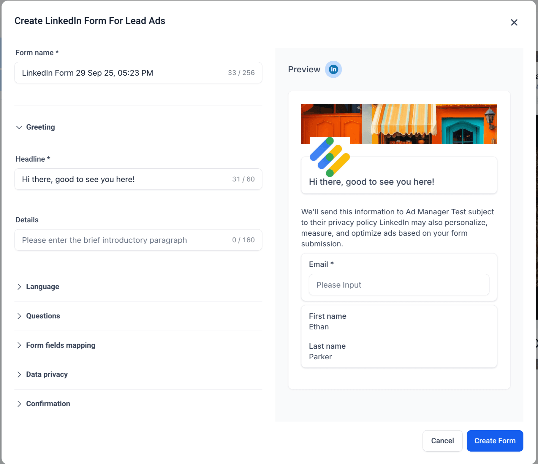 Schermata 4 — Come creare un LinkedIn lead form in Ad Manager