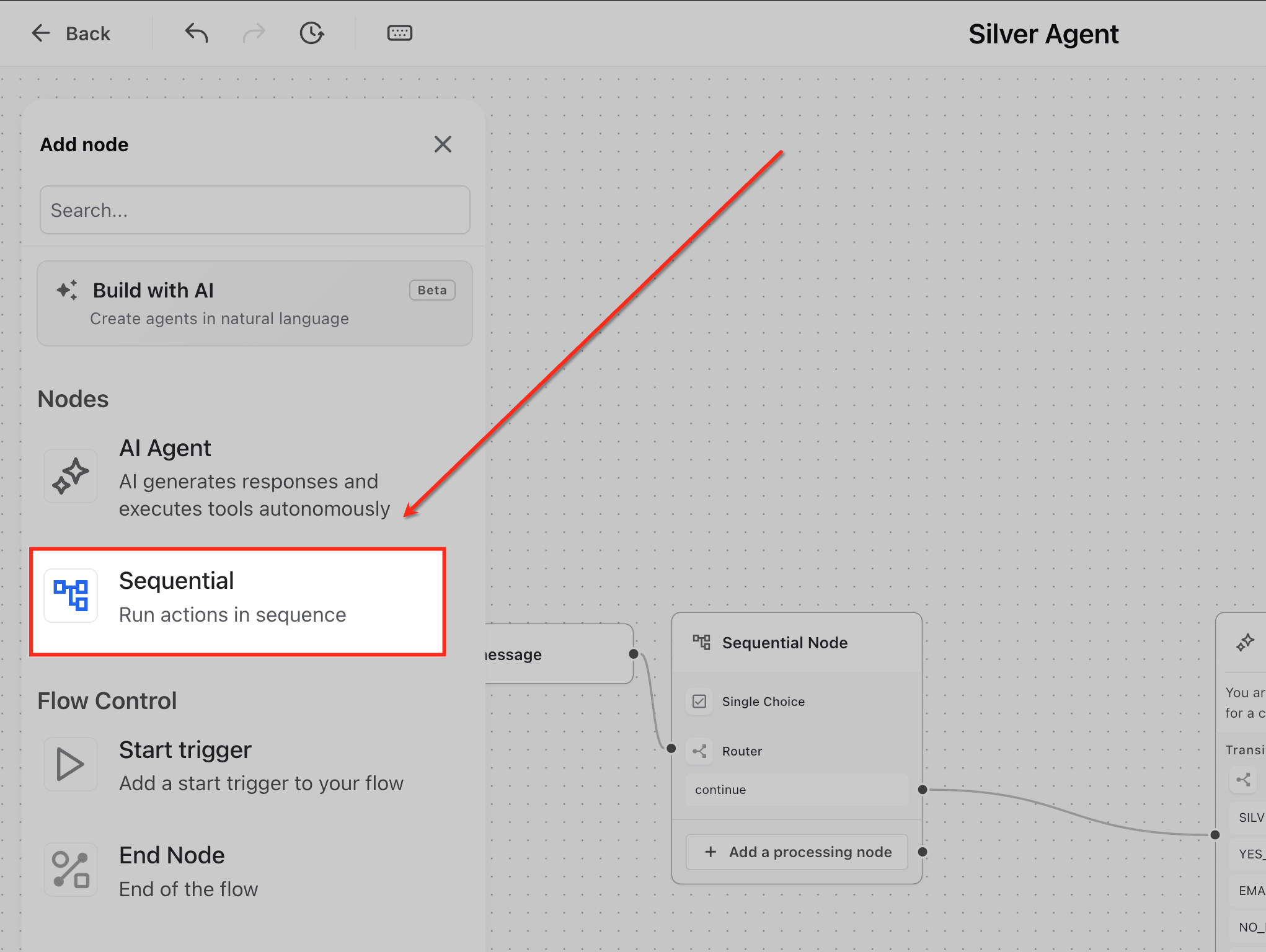 Schermata 1 — Come costruire flussi agente strutturati con il Nodo Sequenziale in Agent Studio