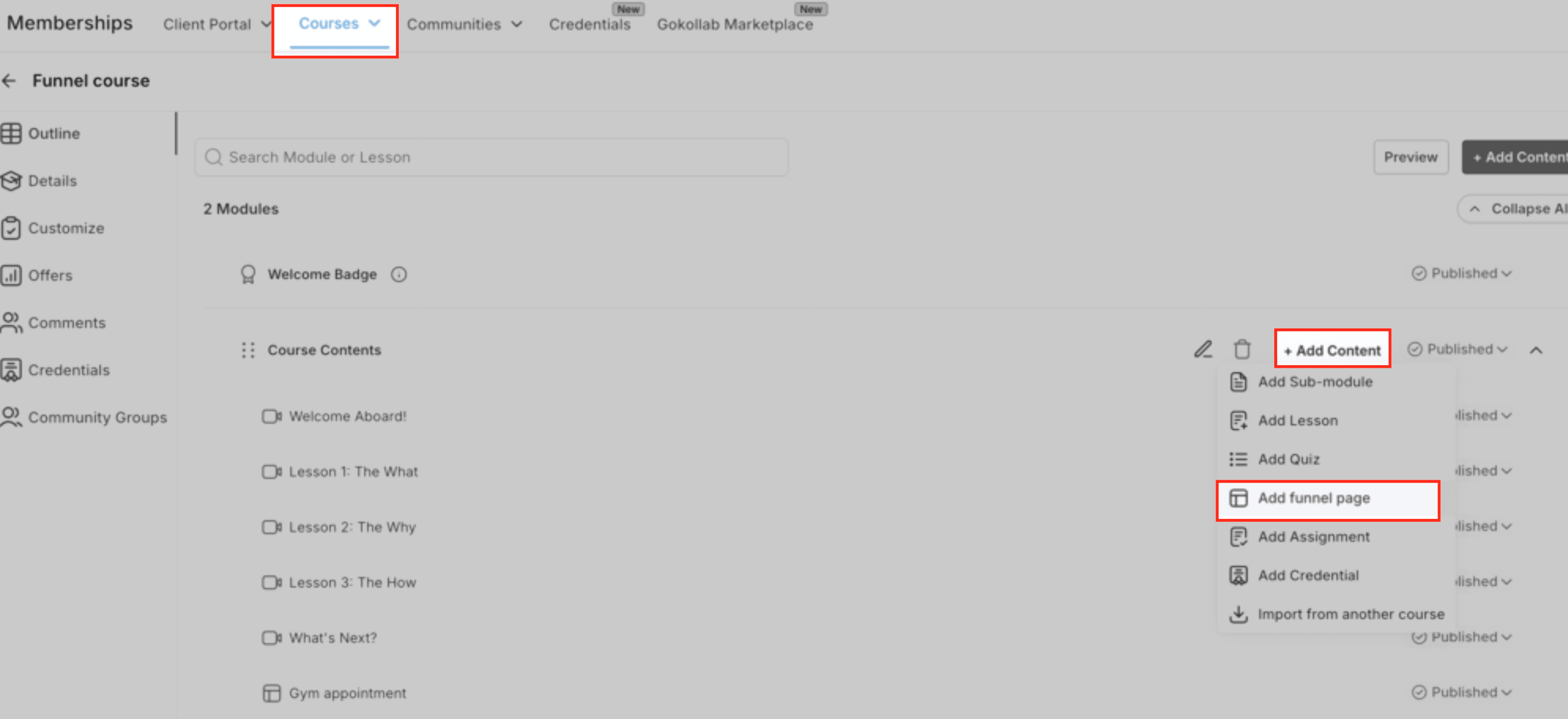 Schermata 1 — Come aggiungere Funnel come lezioni nei Corsi HITLEAD
