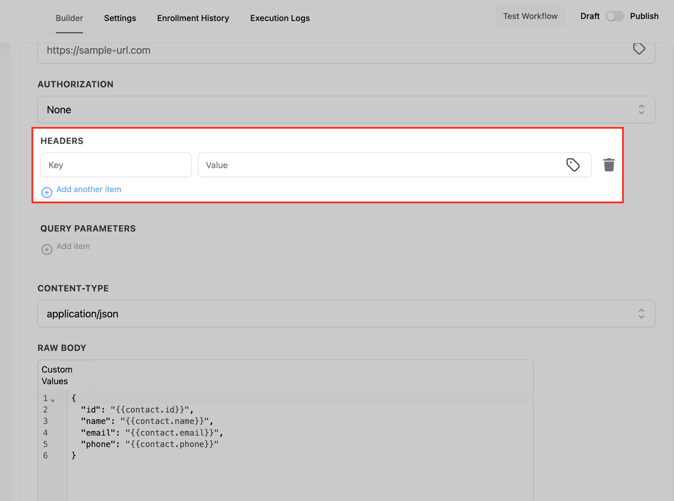 Schermata 8 — Azione Workflow - Custom Webhook