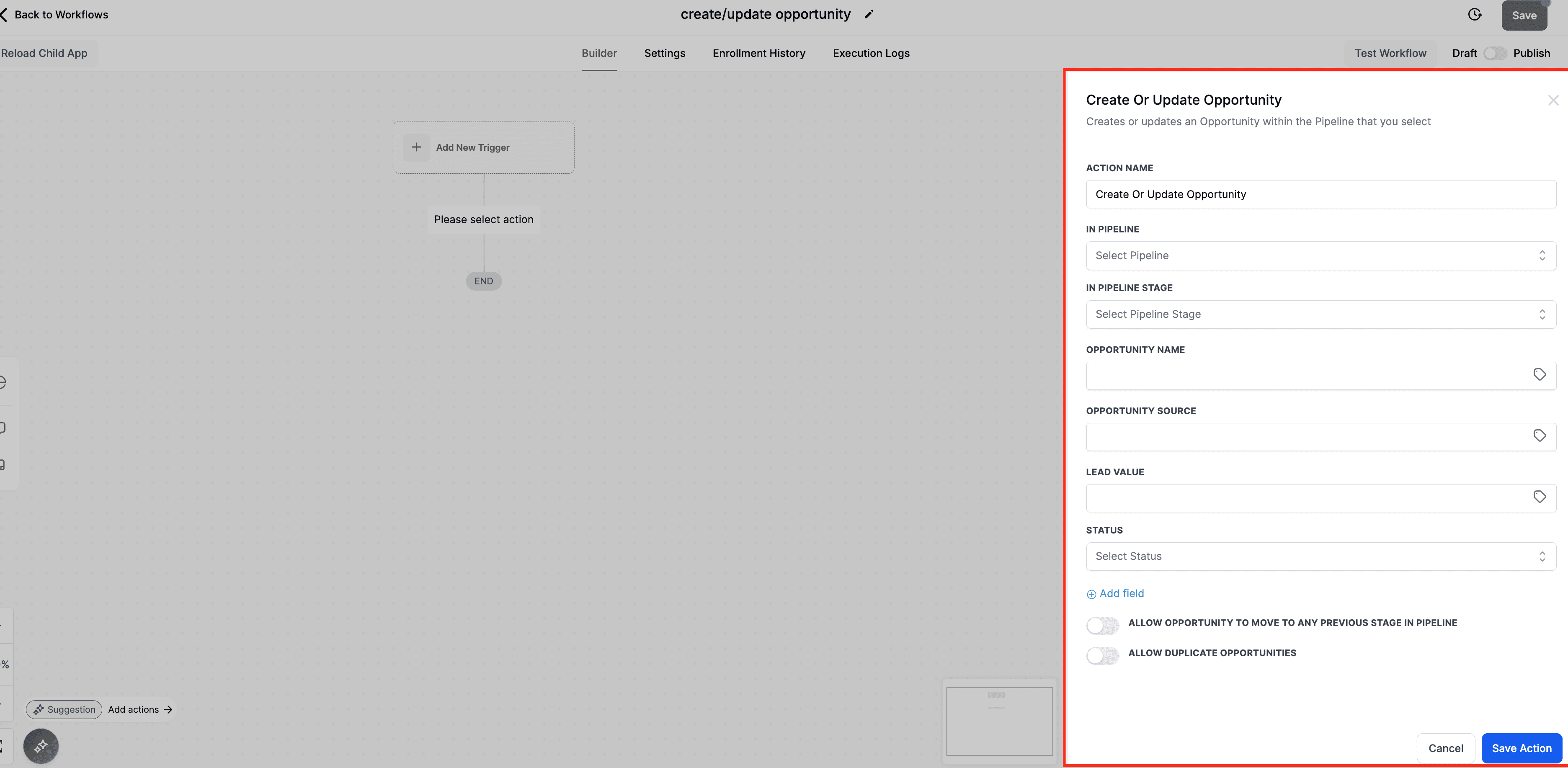 Schermata 1 — Azione Workflow - Crea/Aggiorna Opportunità