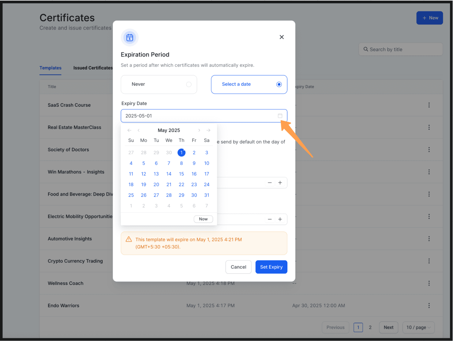 Schermata 1 — Come impostare date di scadenza manuali per i template